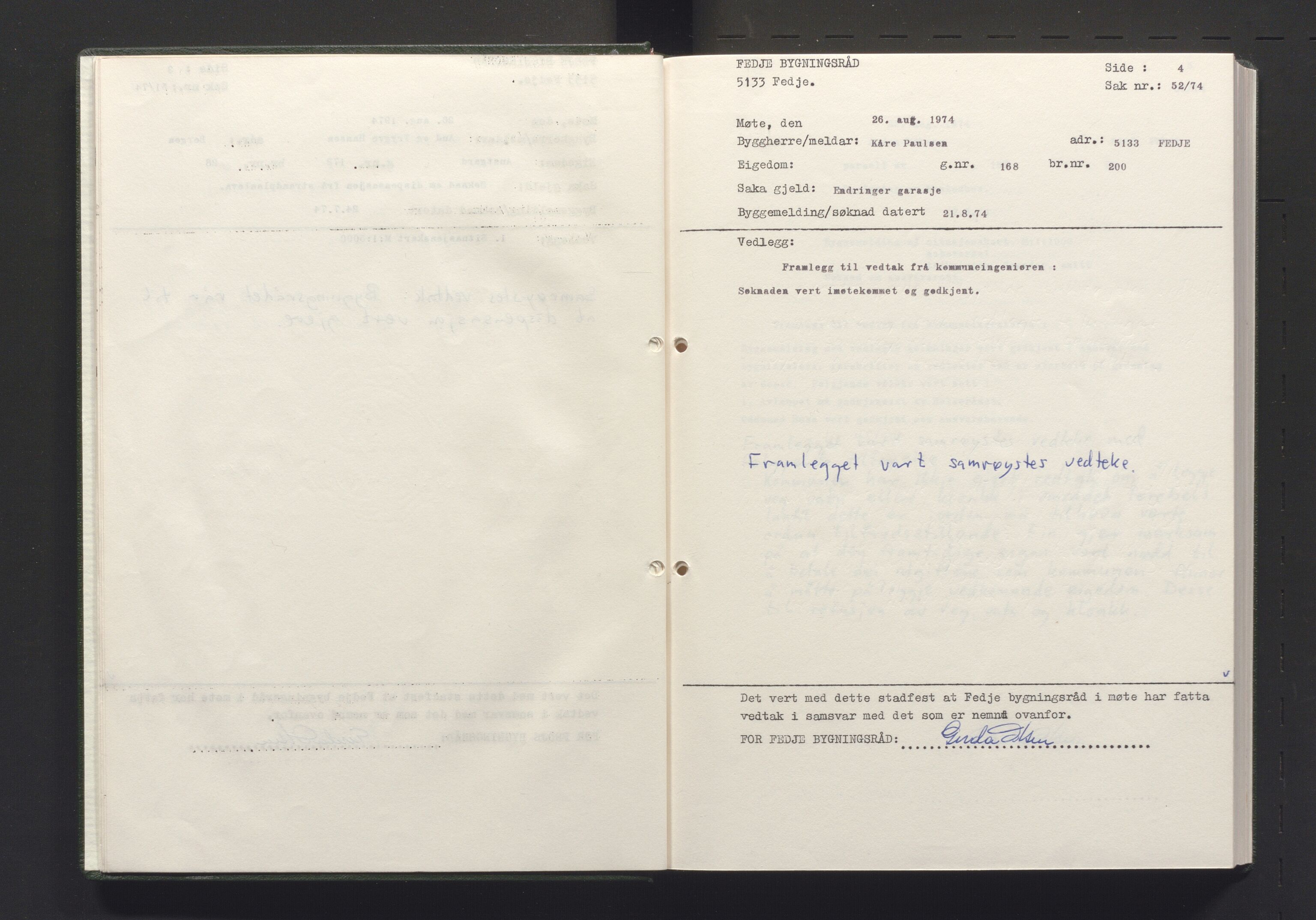 Fedje kommune. Bygningsrådet, IKAH/1265-511/A/Aa/L0002: Møtebok for Fedje bygningsråd, 1974-1977