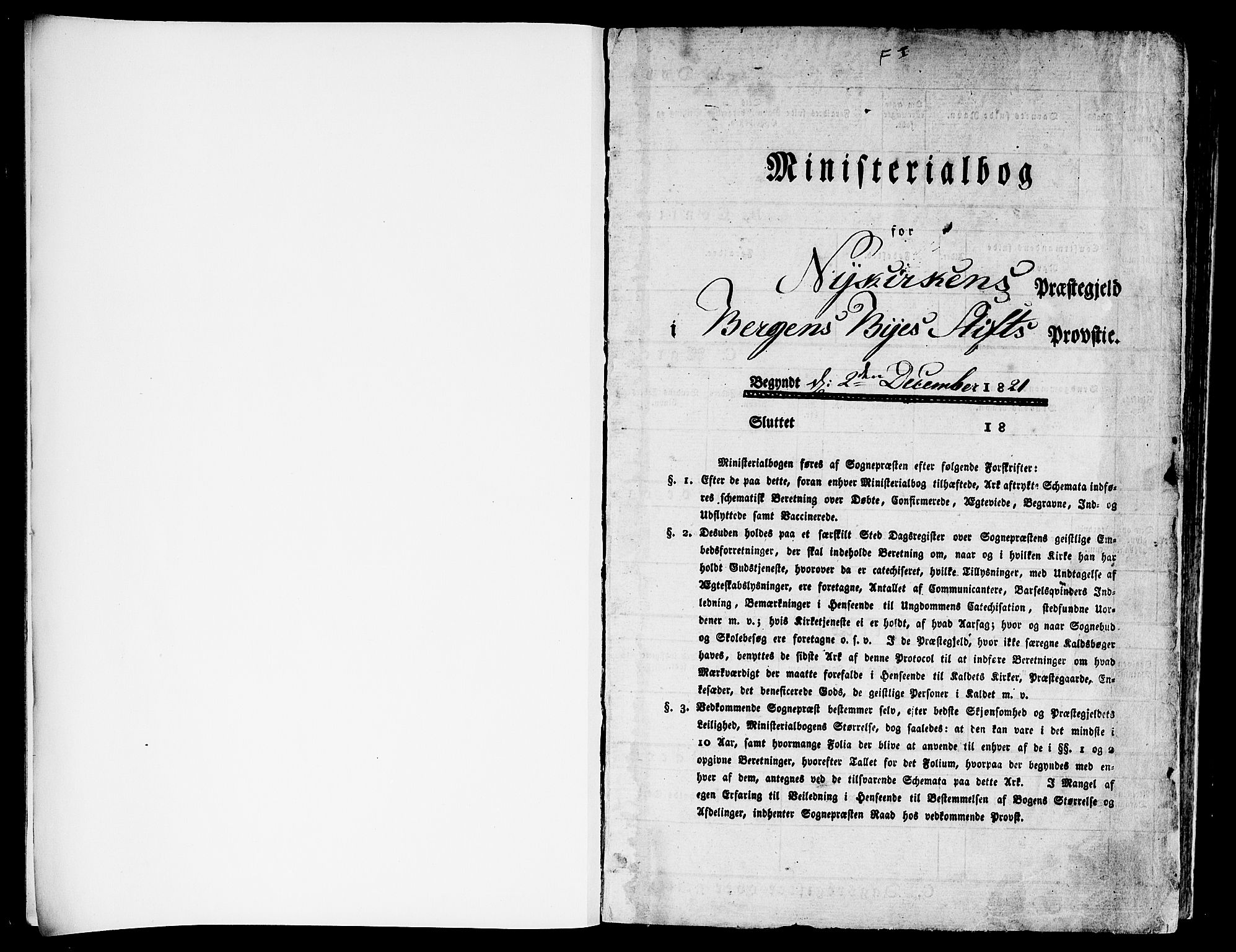 Nykirken Sokneprestembete, AV/SAB-A-77101/H/Hab: Klokkerbok nr. A 5I, 1821-1841, s. 1