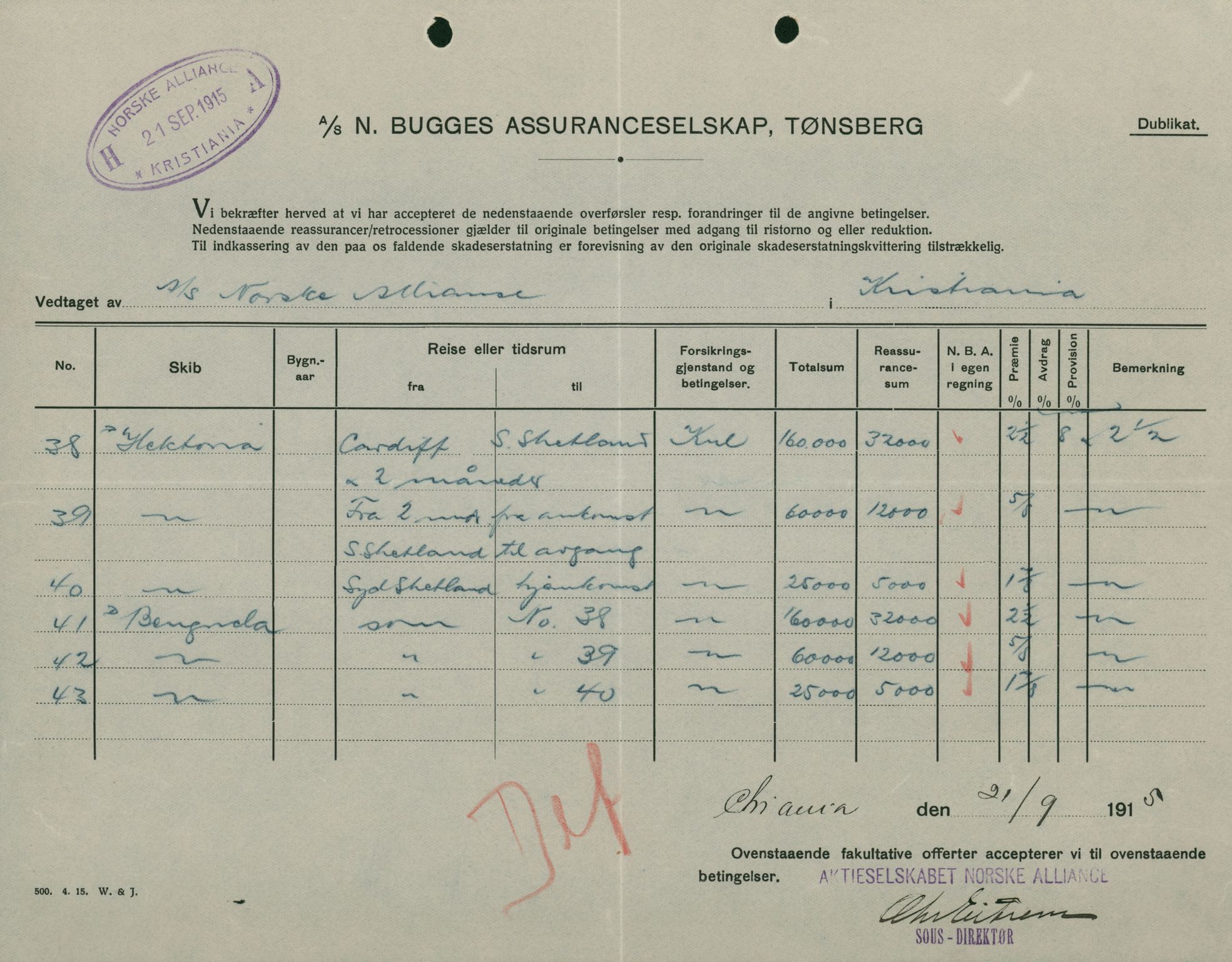 Pa 664 - Tønsberg Sjøforsikringsselskap, VEMU/A-1773/F/L0001: Forsikringspoliser, 1915-1918