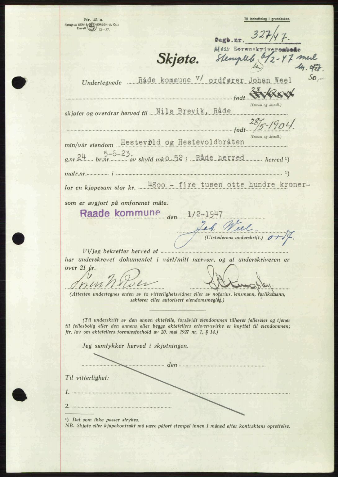 Moss sorenskriveri, SAO/A-10168: Pantebok nr. A17, 1947-1947, Dagboknr: 327/1947