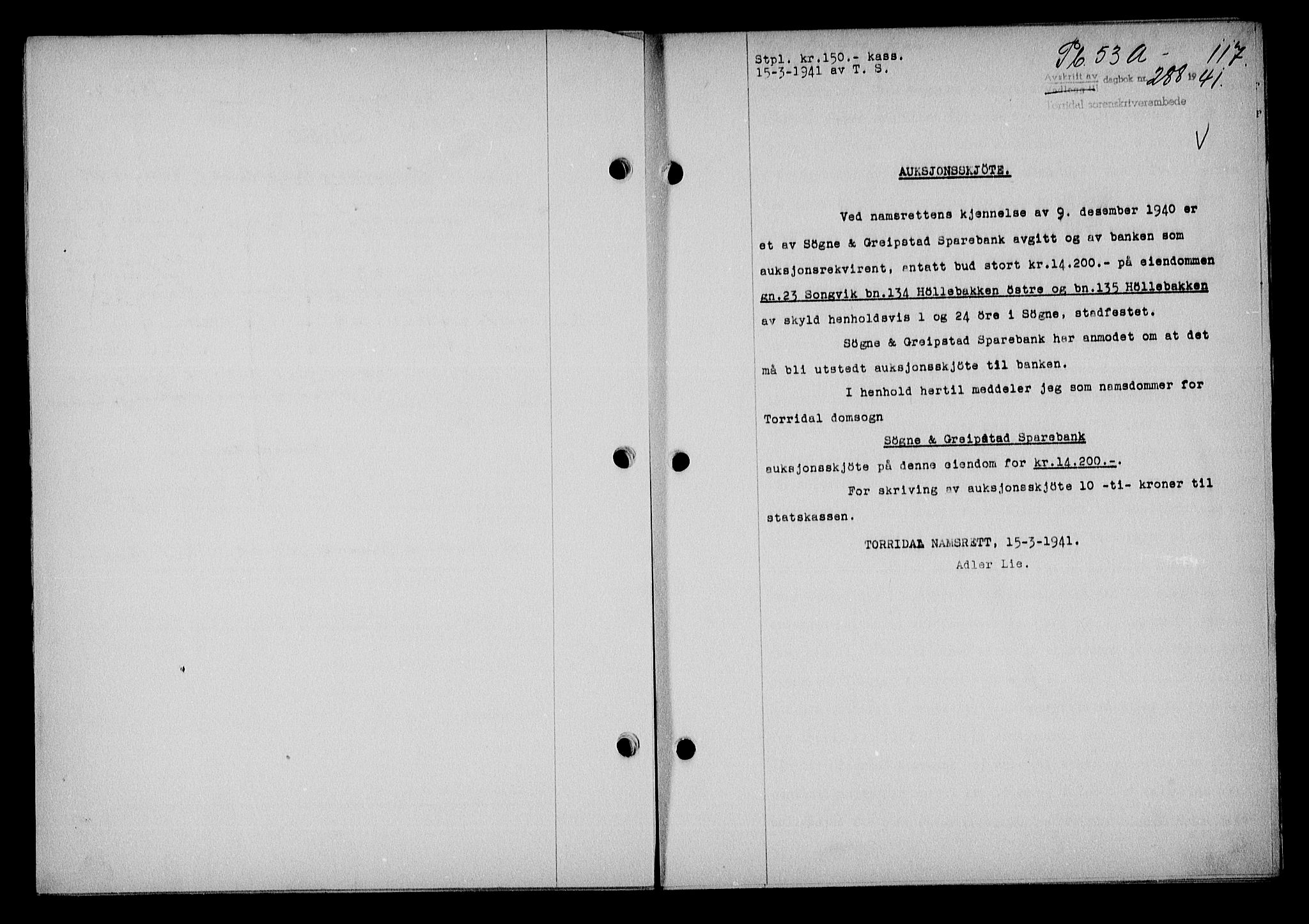 Torridal sorenskriveri, SAK/1221-0012/G/Gb/Gba/L0054: Pantebok nr. 53a, 1940-1941, Dagboknr: 288/1941