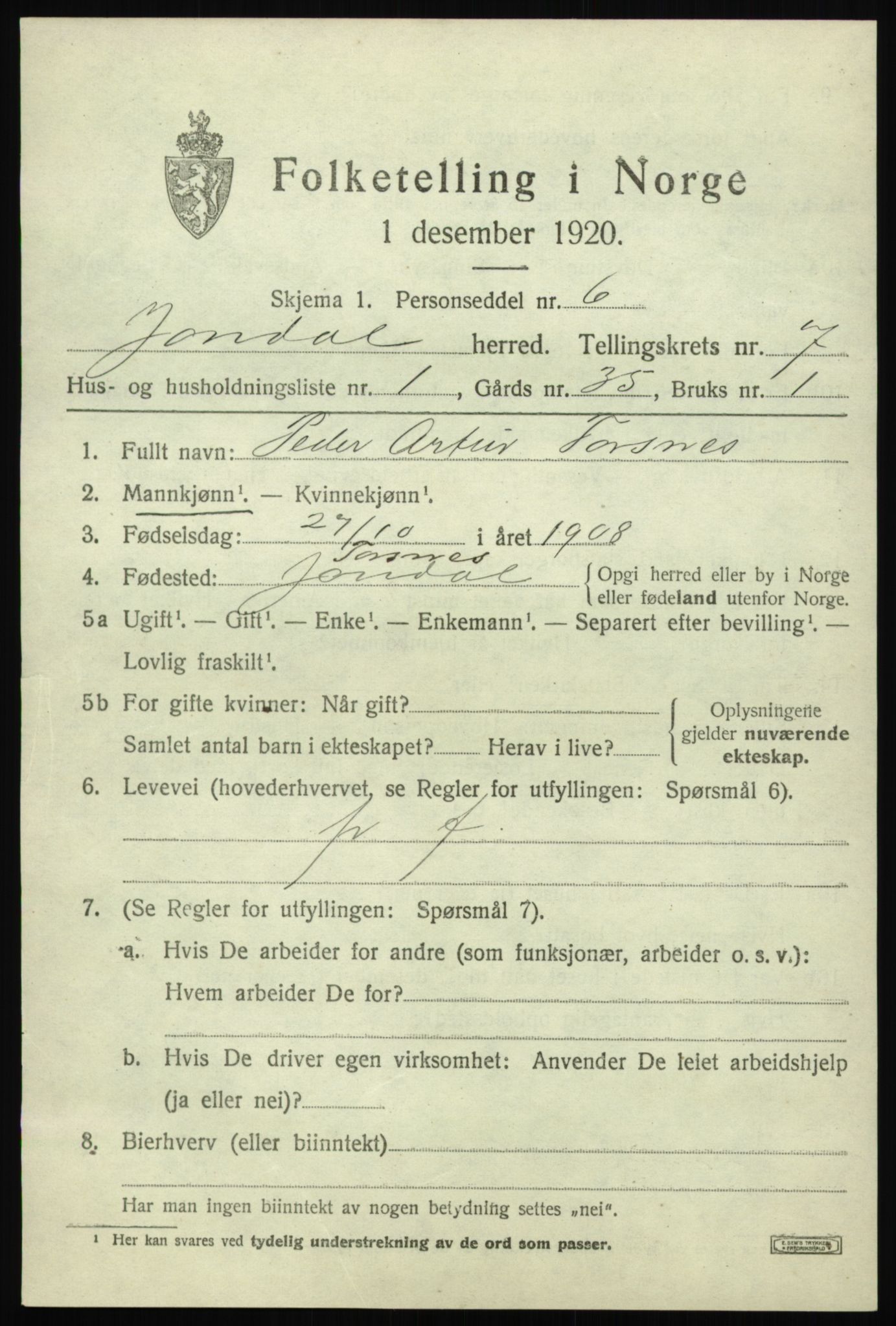 SAB, Folketelling 1920 for 1227 Jondal herred, 1920, s. 3766