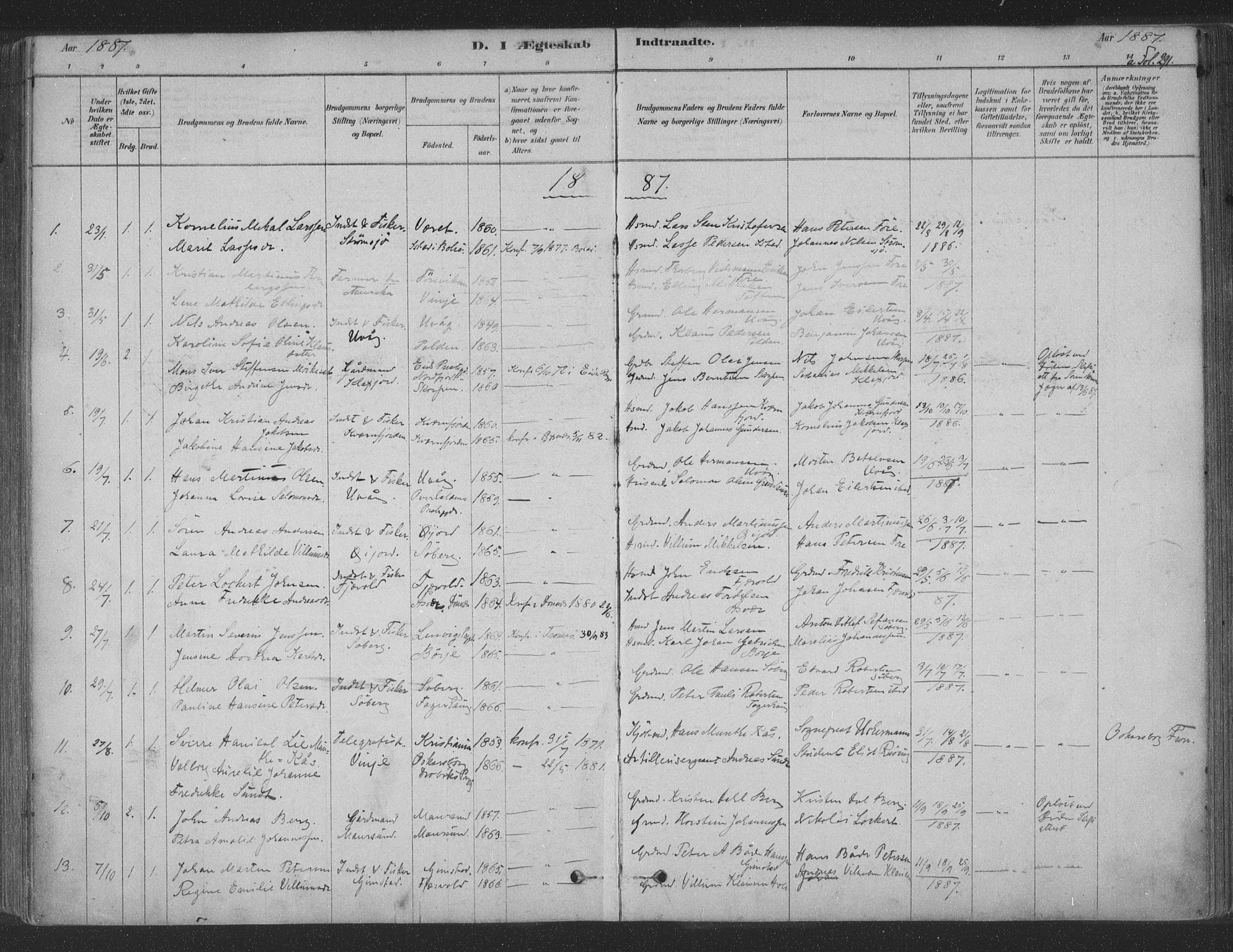 Ministerialprotokoller, klokkerbøker og fødselsregistre - Nordland, AV/SAT-A-1459/891/L1302: Ministerialbok nr. 891A07, 1878-1895, s. 291