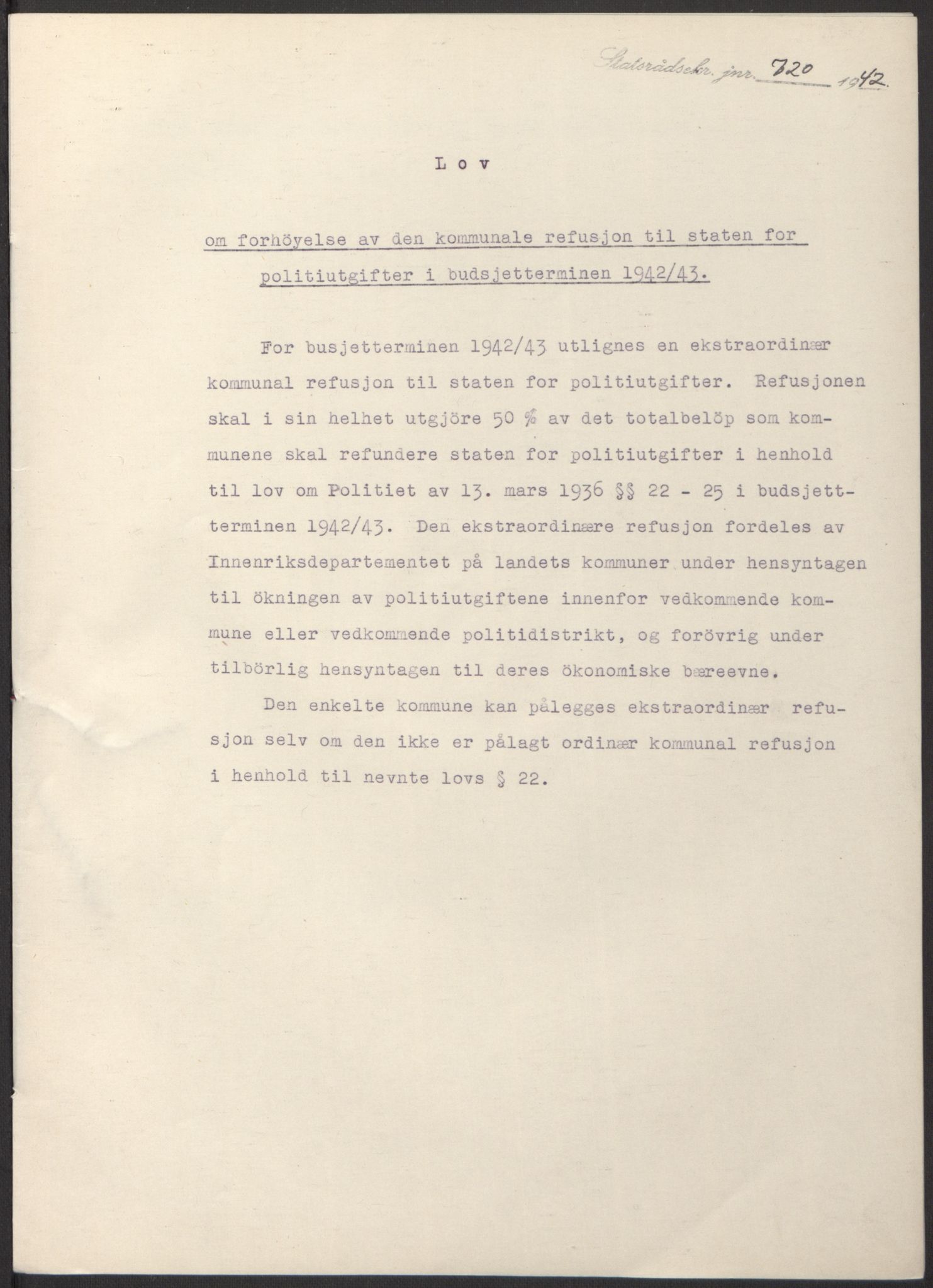 NS-administrasjonen 1940-1945 (Statsrådsekretariatet, de kommisariske statsråder mm), RA/S-4279/D/Db/L0098: Lover II, 1942, s. 428