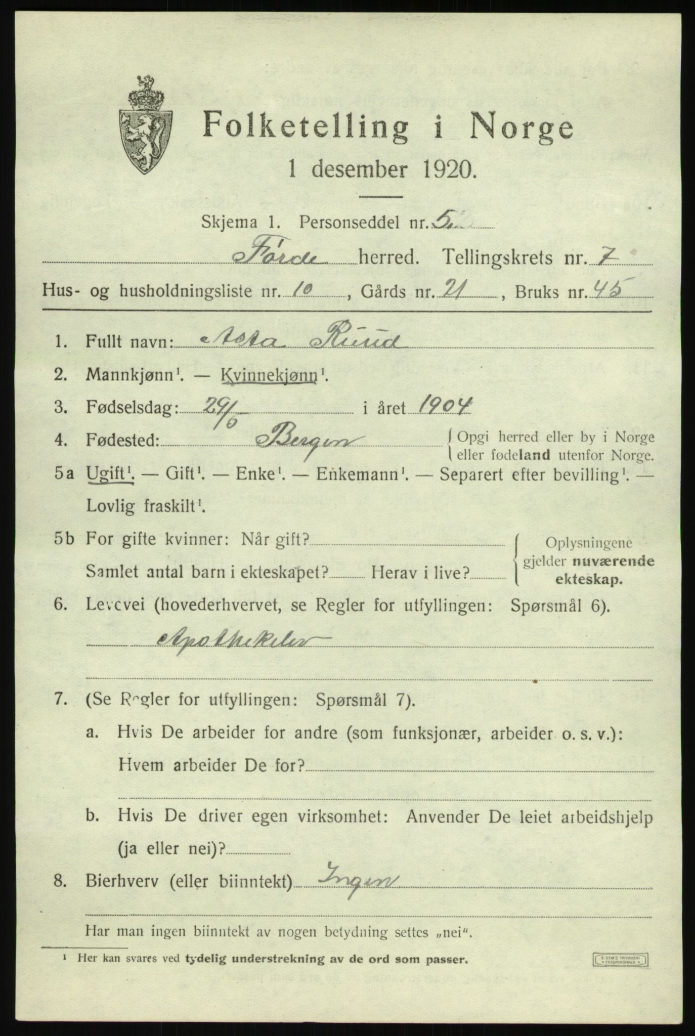 SAB, Folketelling 1920 for 1432 Førde herred, 1920, s. 2512