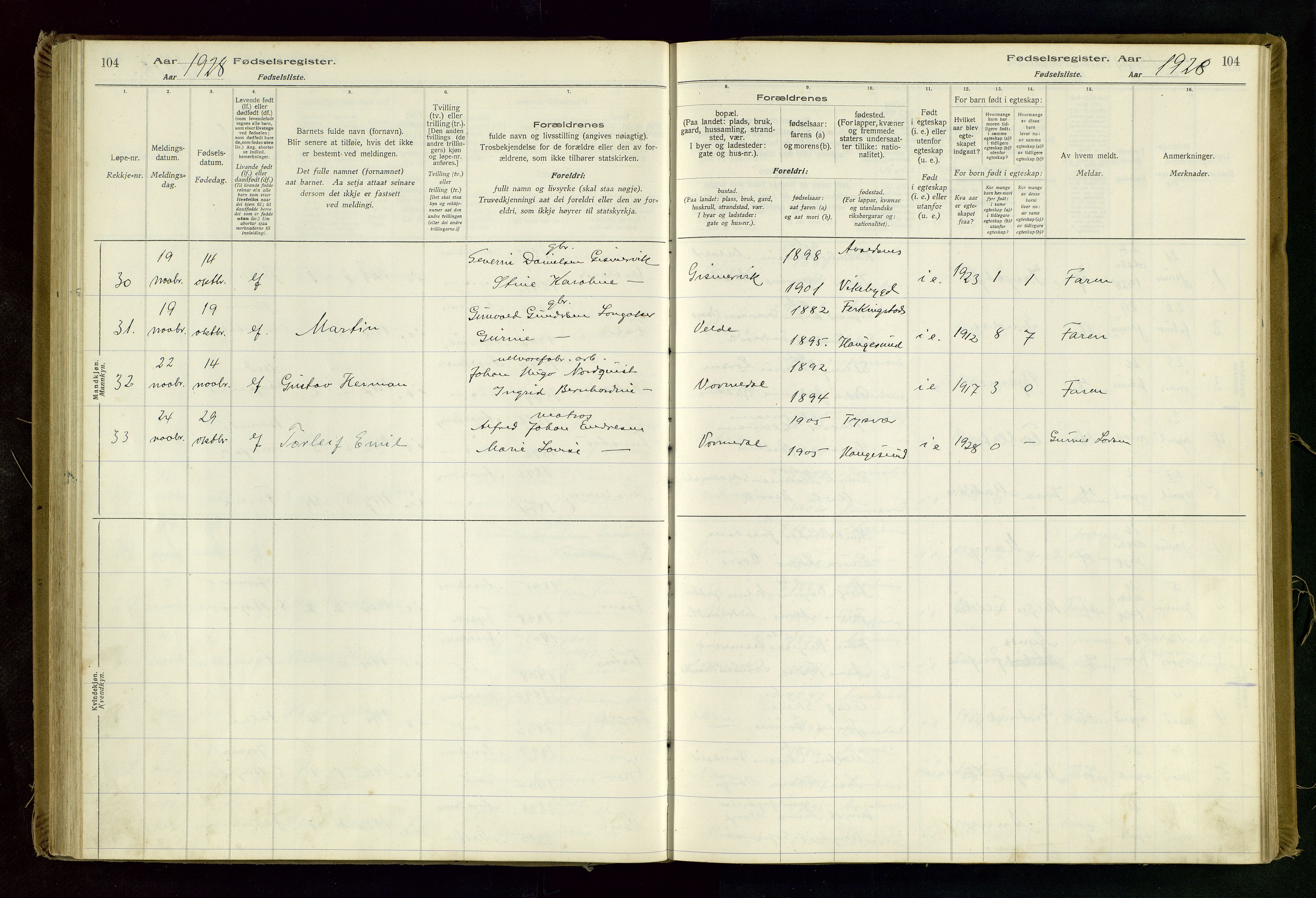 Avaldsnes sokneprestkontor, SAST/A -101851/I/Id/L0001: Fødselsregister nr. 1, 1916-1946, s. 104