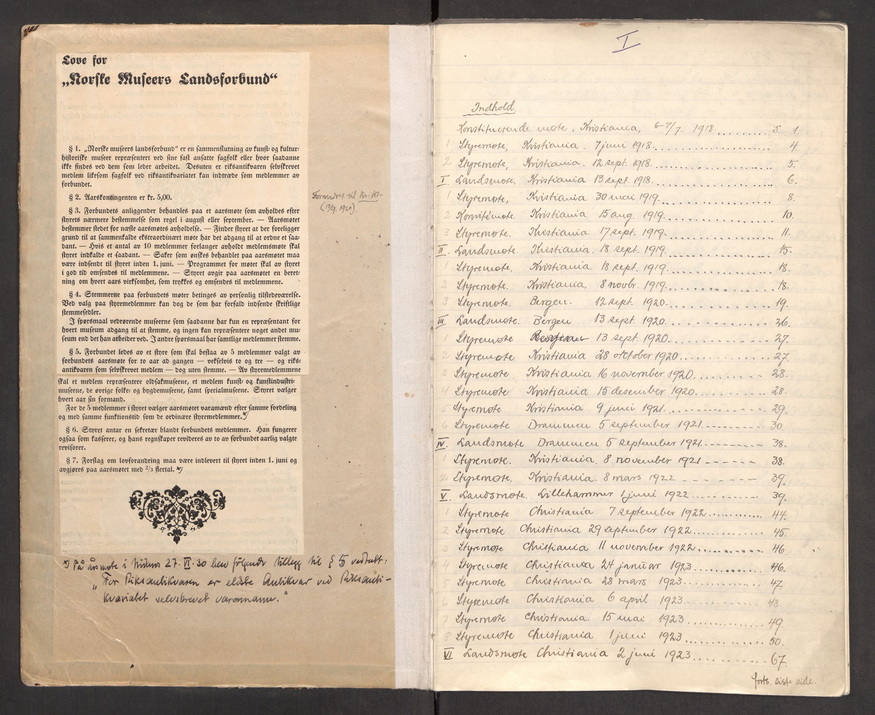 Norges museumsforbund, RA/PA-1908/A/Aa/L0001/0001: Protokoller og styrepapirer / NML - Styreprotokoller, 1918-1929