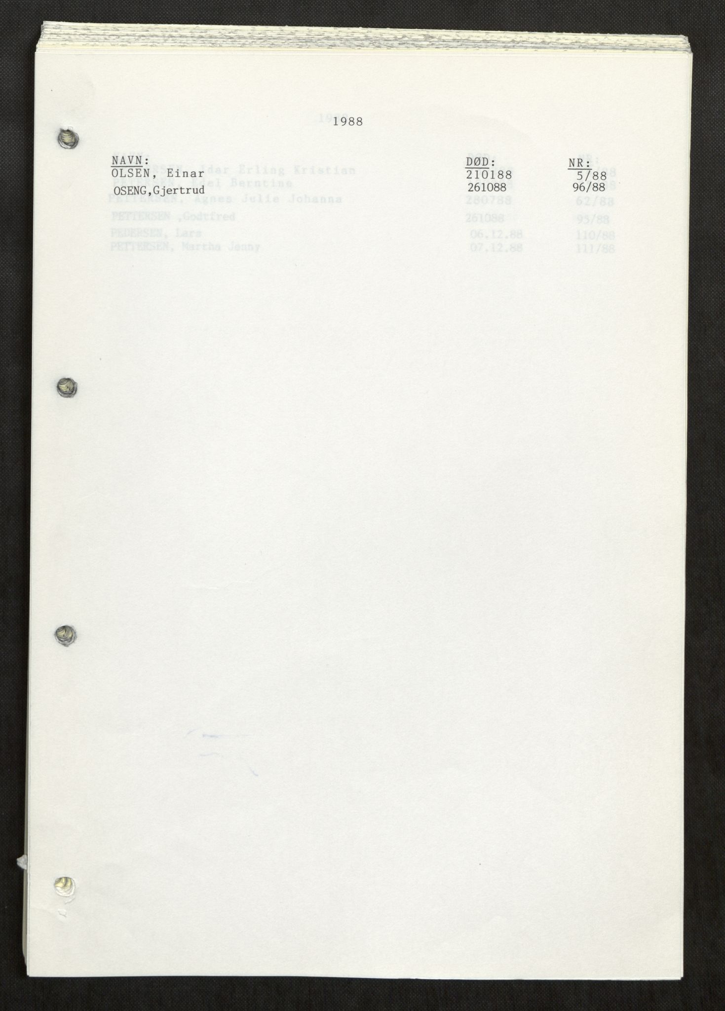 Vefsn lensmannskontor, SAT/A-5714/4/Gh/L0003: Dødsfallprotokoll, 1985-1989