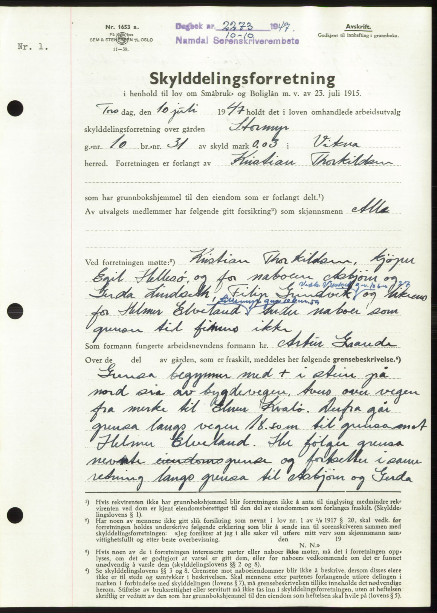 Namdal sorenskriveri, SAT/A-4133/1/2/2C: Pantebok nr. -, 1947-1947, Dagboknr: 2273/1947