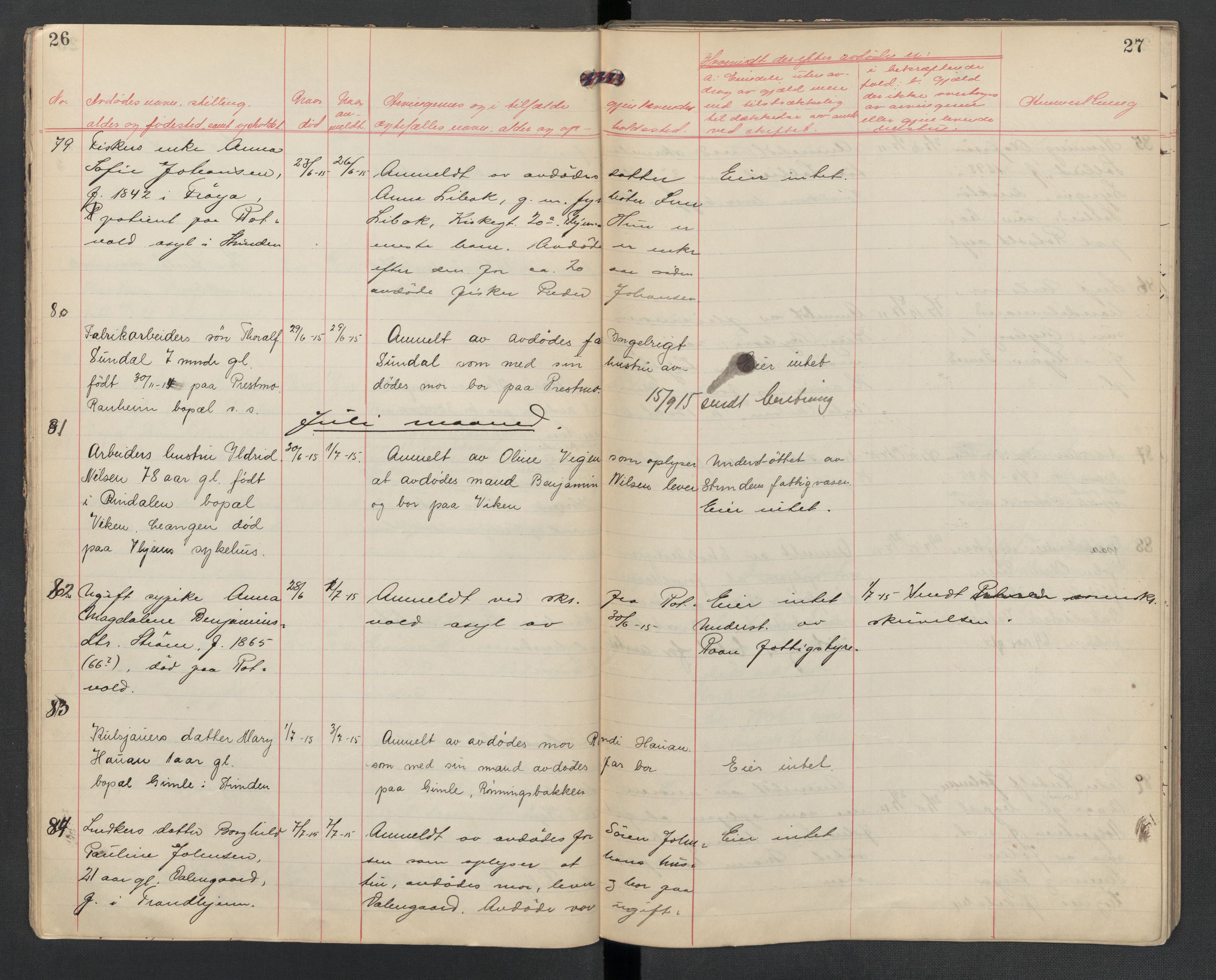 Strinda lensmannskontor, AV/SAT-A-1083/1/02/L0002: 2.01.02 Dødsfallsprotokoll, 1915-1918, s. 26-27