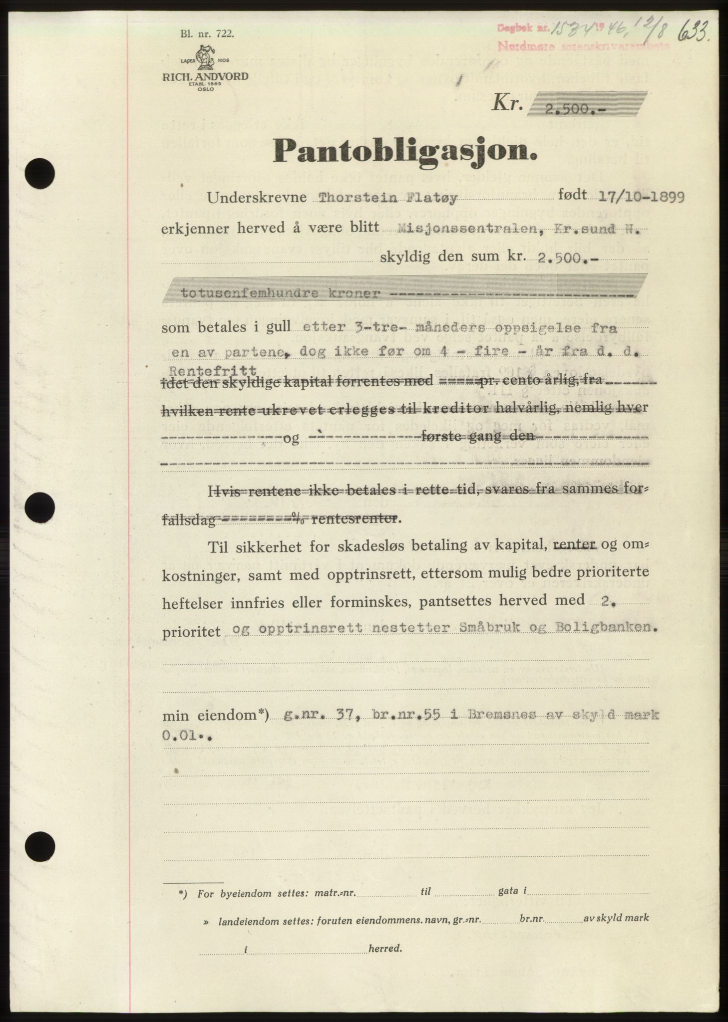 Nordmøre sorenskriveri, SAT/A-4132/1/2/2Ca: Pantebok nr. B94, 1946-1946, Dagboknr: 1534/1946