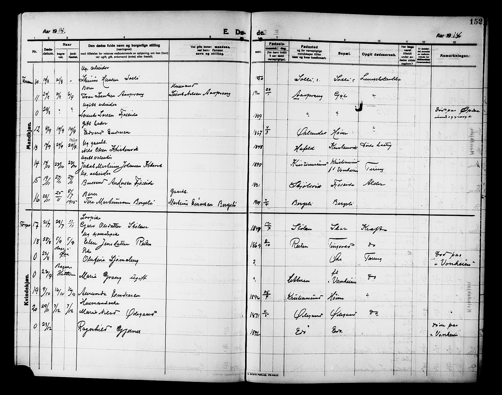 Ministerialprotokoller, klokkerbøker og fødselsregistre - Møre og Romsdal, AV/SAT-A-1454/586/L0993: Klokkerbok nr. 586C04, 1910-1918, s. 152