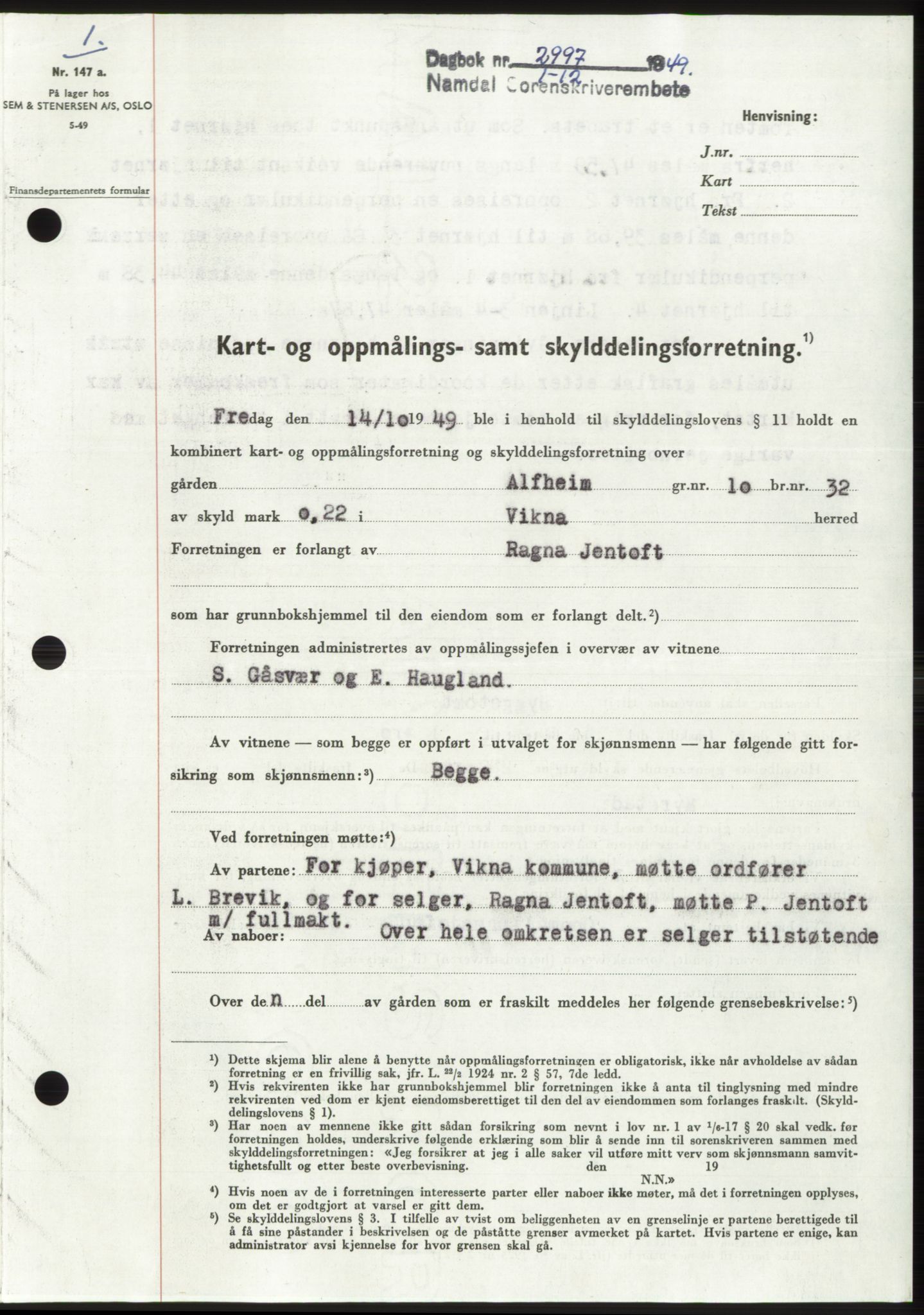 Namdal sorenskriveri, SAT/A-4133/1/2/2C: Pantebok nr. -, 1949-1949, Dagboknr: 2997/1949