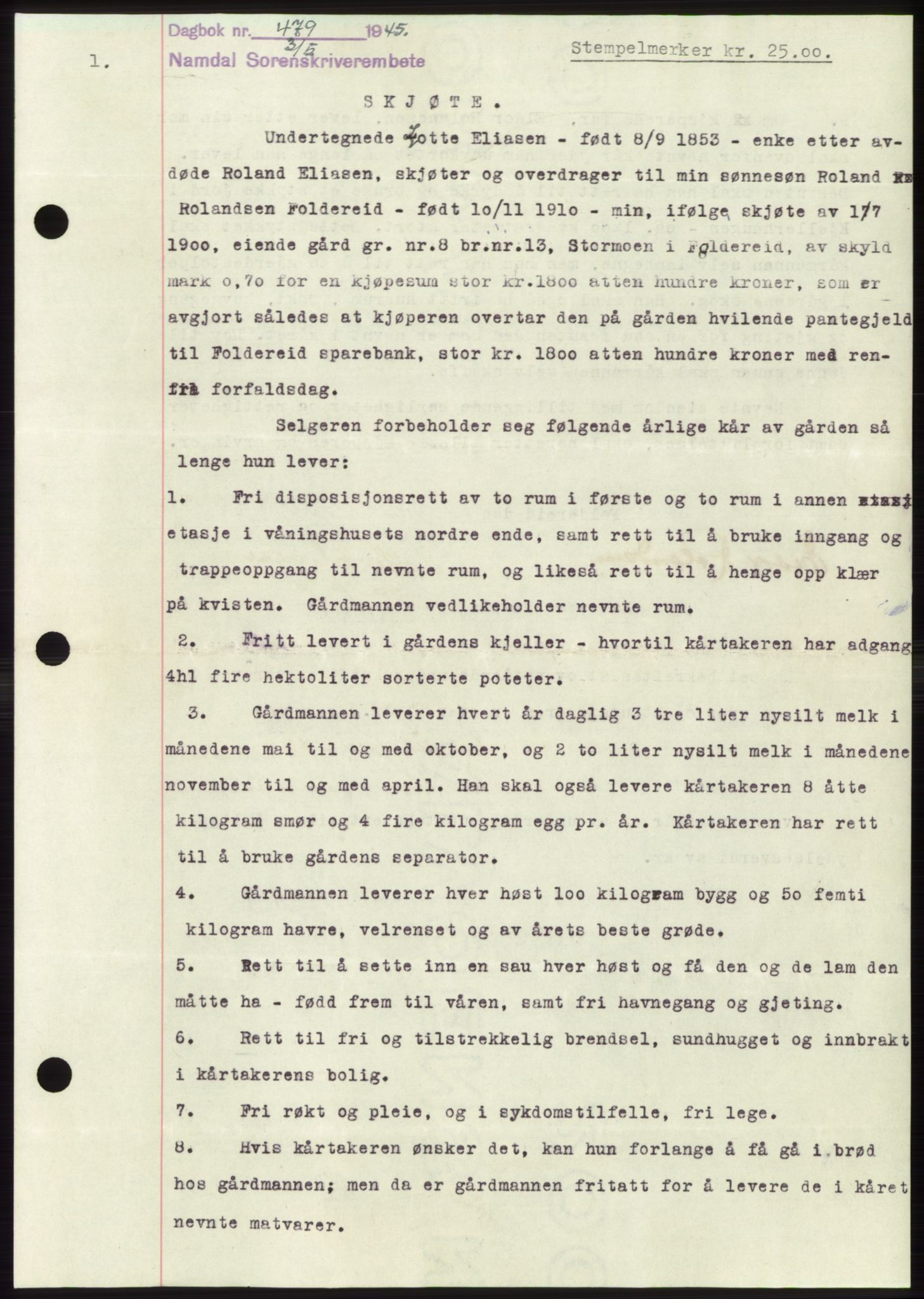 Namdal sorenskriveri, SAT/A-4133/1/2/2C: Pantebok nr. -, 1944-1945, Dagboknr: 479/1945