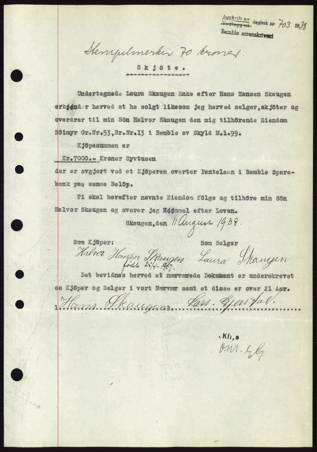 Bamble sorenskriveri, AV/SAKO-A-214/G/Ga/Gag/L0002: Pantebok nr. A-2, 1937-1938, Dagboknr: 703/1938