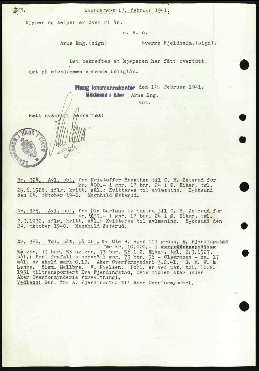 Eiker, Modum og Sigdal sorenskriveri, SAKO/A-123/G/Ga/Gab/L0043: Pantebok nr. A13, 1940-1941, Dagboknr: 324/1941