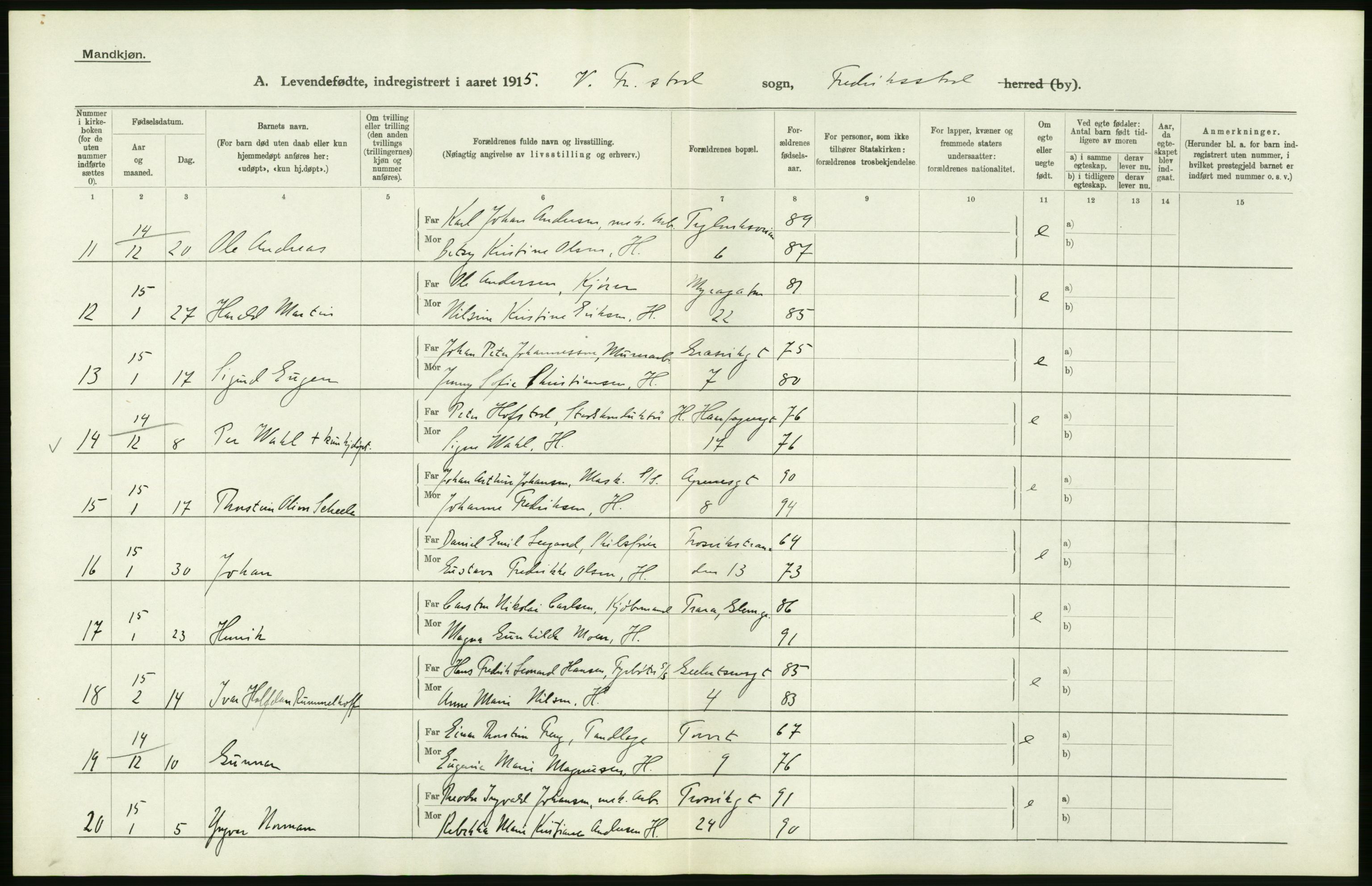 Statistisk sentralbyrå, Sosiodemografiske emner, Befolkning, AV/RA-S-2228/D/Df/Dfb/Dfbe/L0002: Smålenenes amt: Levendefødte menn og kvinner. Byer, samt gifte. Bygder og byer., 1915, s. 138