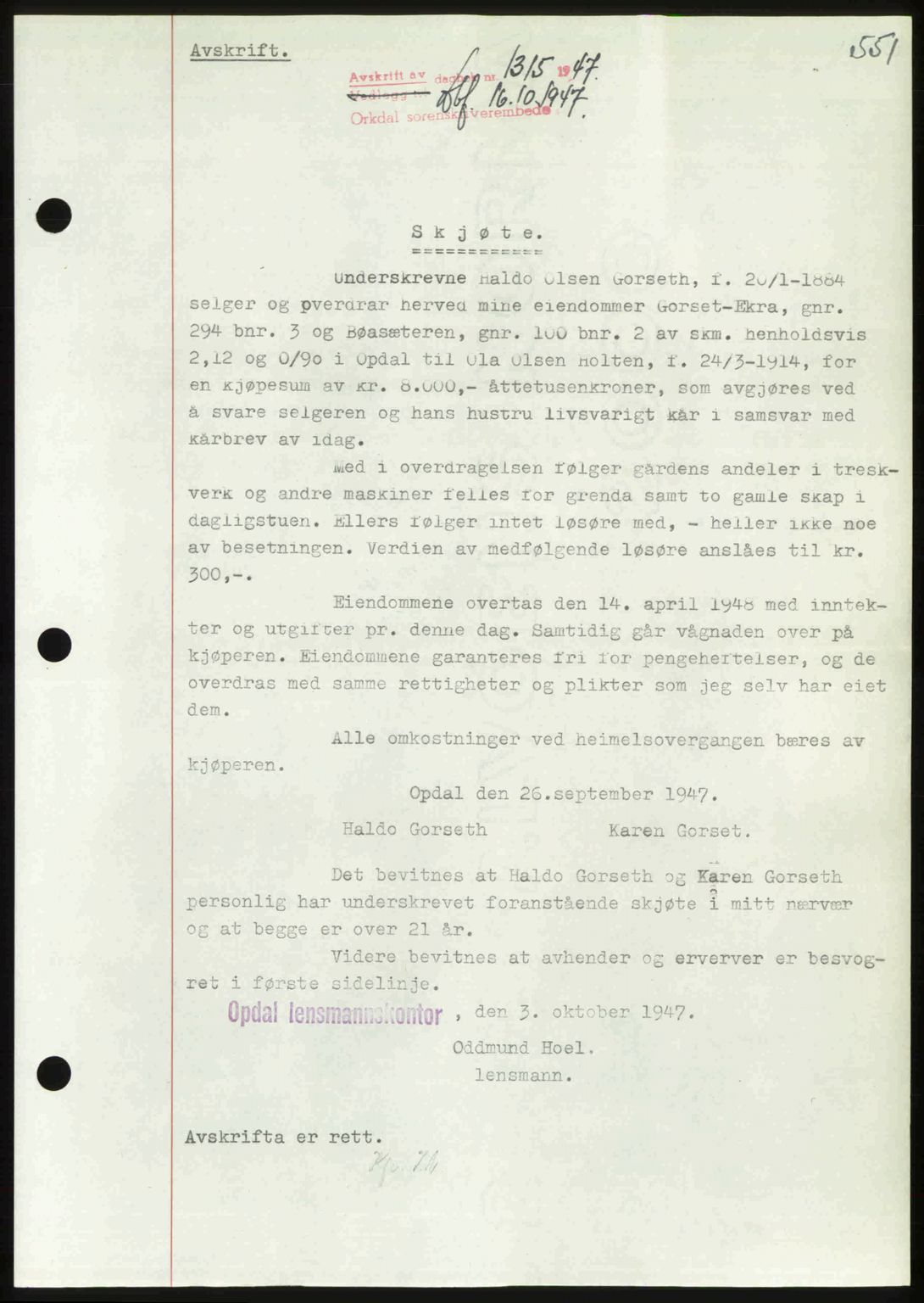 Orkdal sorenskriveri, SAT/A-4169/1/2/2C: Pantebok nr. A, 1947-1947, Dagboknr: 1315/1947