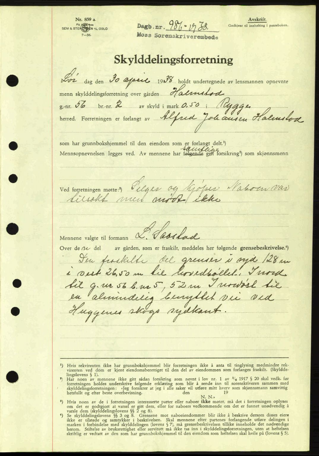 Moss sorenskriveri, SAO/A-10168: Pantebok nr. A4, 1938-1938, Dagboknr: 986/1938