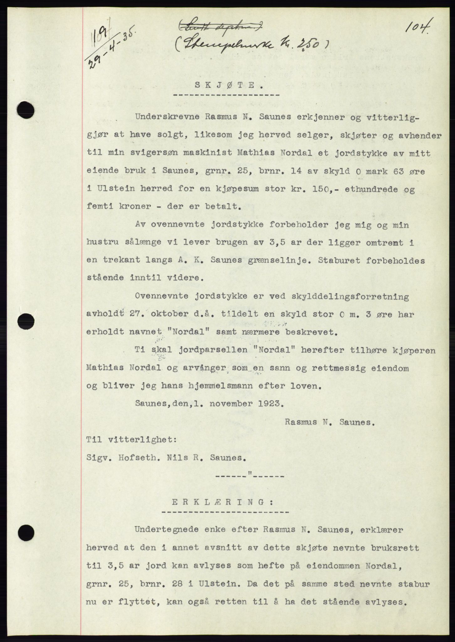 Søre Sunnmøre sorenskriveri, AV/SAT-A-4122/1/2/2C/L0059: Pantebok nr. 53, 1935-1935, Tingl.dato: 29.04.1935