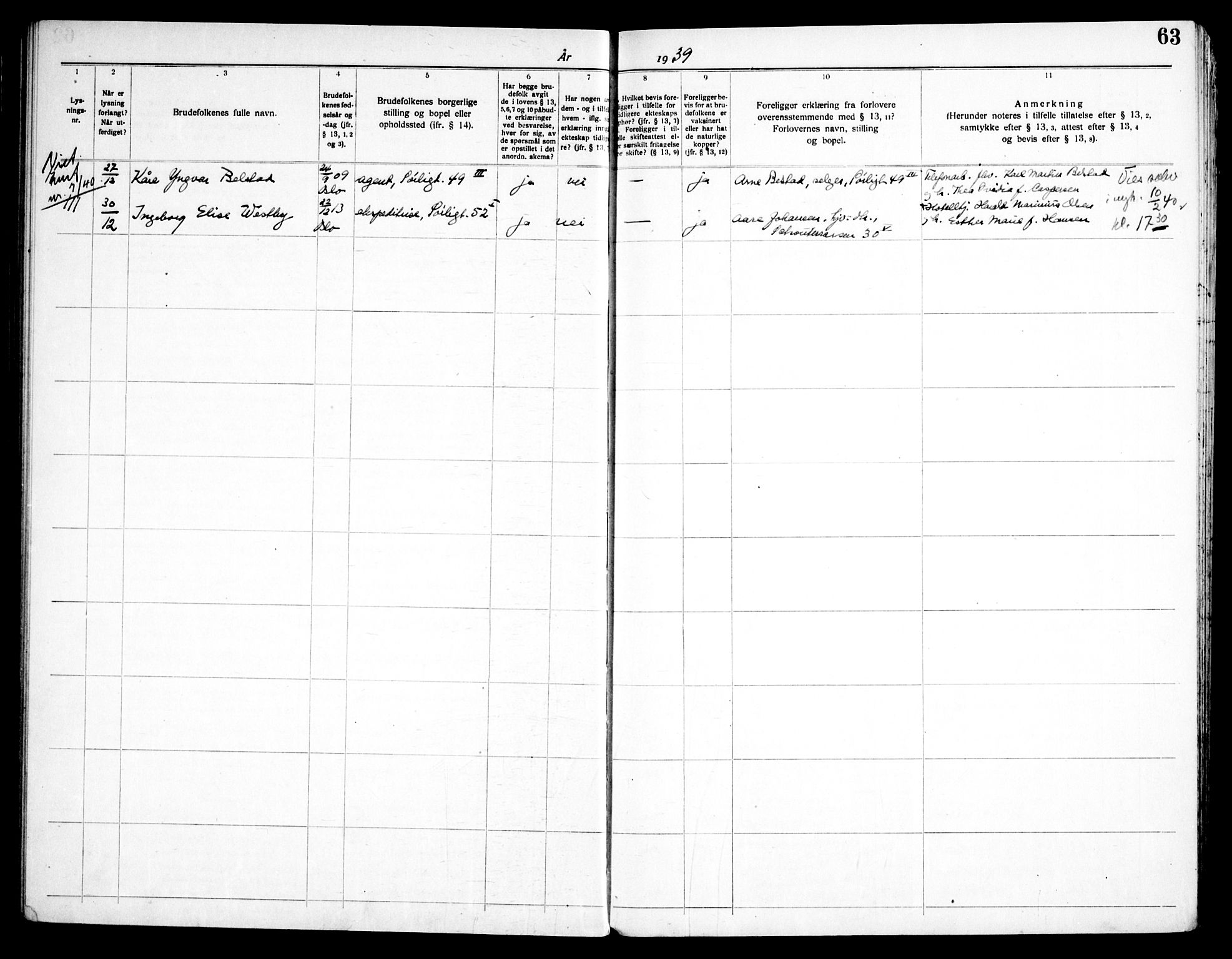 Kampen prestekontor Kirkebøker, AV/SAO-A-10853/H/Ha/L0007: Lysningsprotokoll nr. 7, 1935-1946, s. 63