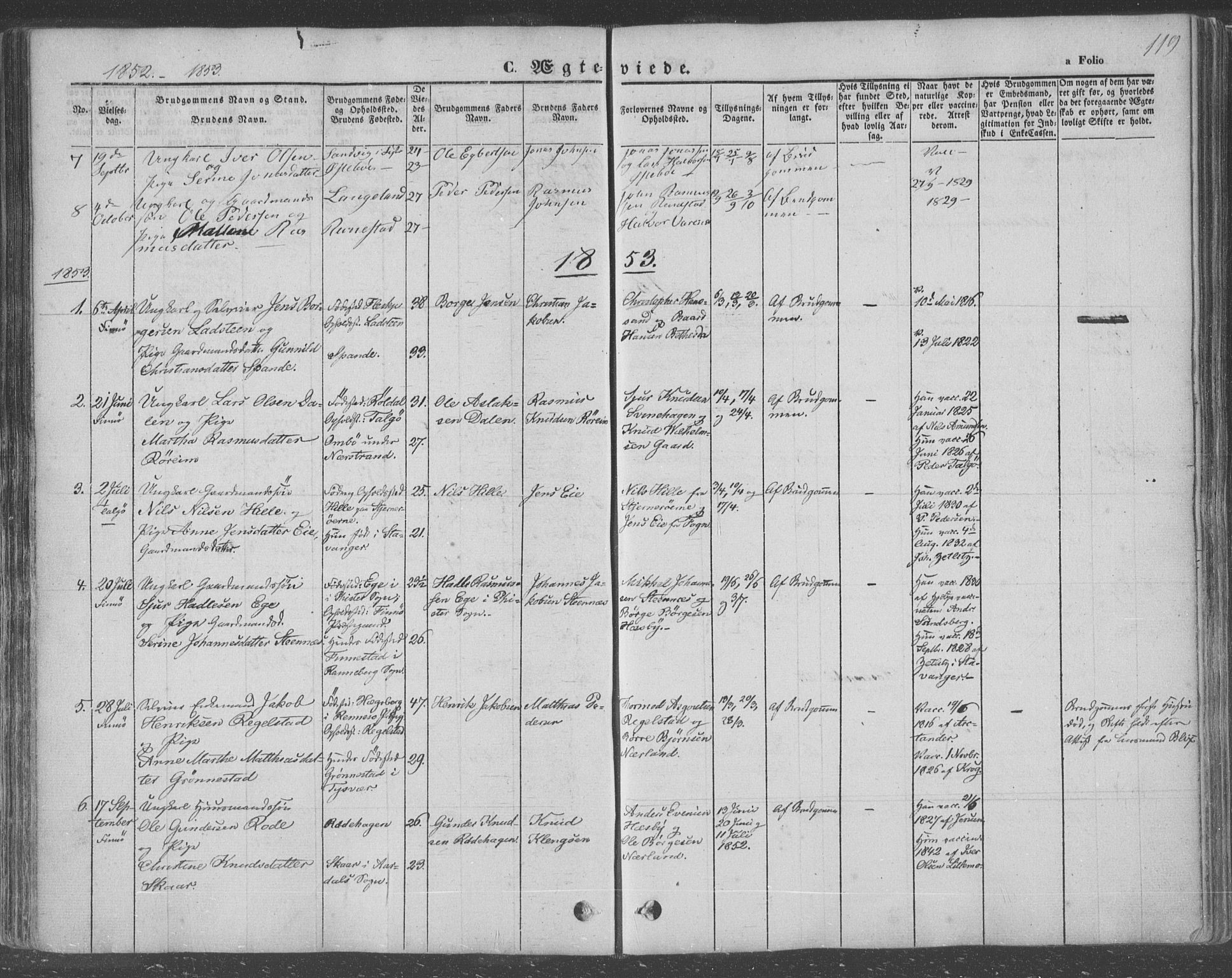 Finnøy sokneprestkontor, AV/SAST-A-101825/H/Ha/Haa/L0007: Ministerialbok nr. A 7, 1847-1862, s. 119