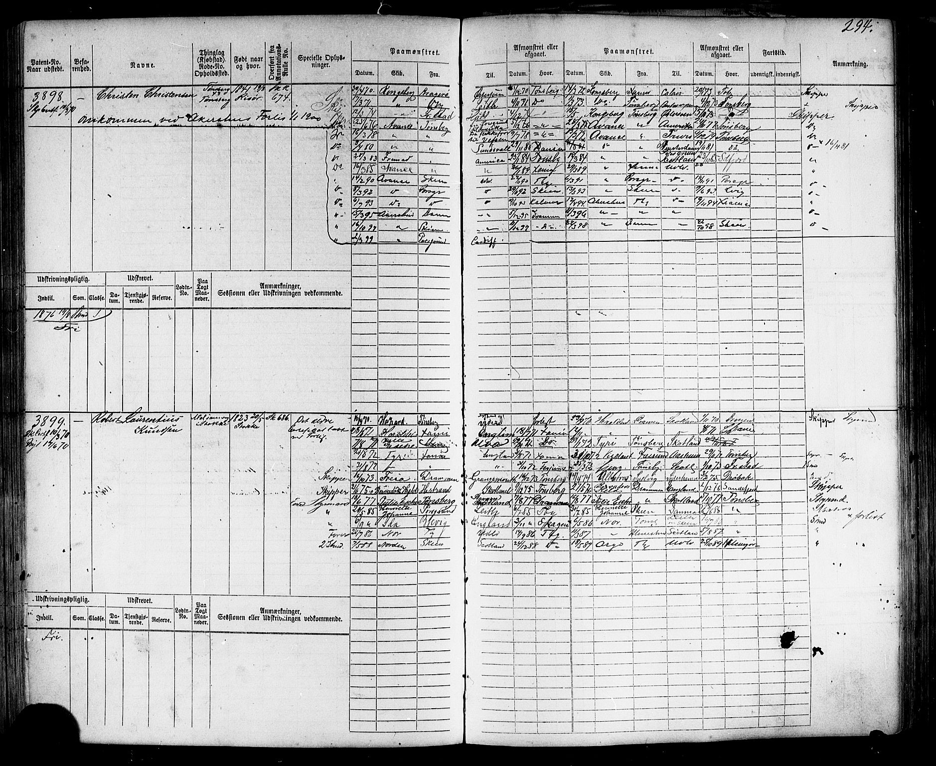 Tønsberg innrulleringskontor, SAKO/A-786/F/Fc/Fca/L0006: Hovedrulle Patent nr. 3313-4407, 1869-1871, s. 298