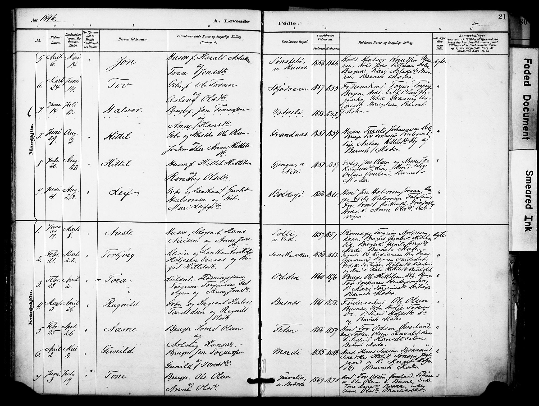 Gransherad kirkebøker, AV/SAKO-A-267/F/Fa/L0005: Ministerialbok nr. I 5, 1887-1916, s. 21