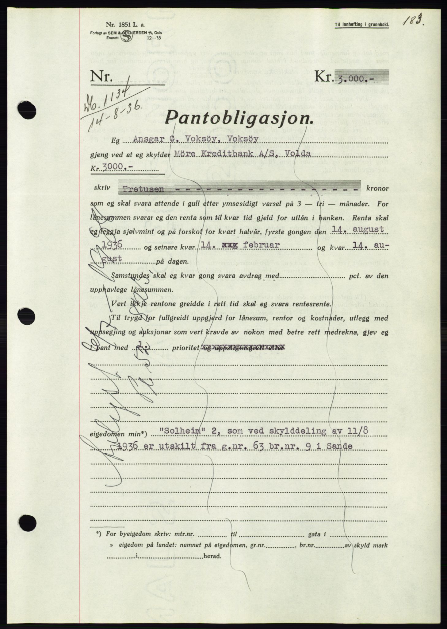 Søre Sunnmøre sorenskriveri, SAT/A-4122/1/2/2C/L0061: Pantebok nr. 55, 1936-1936, Dagboknr: 1134/1936