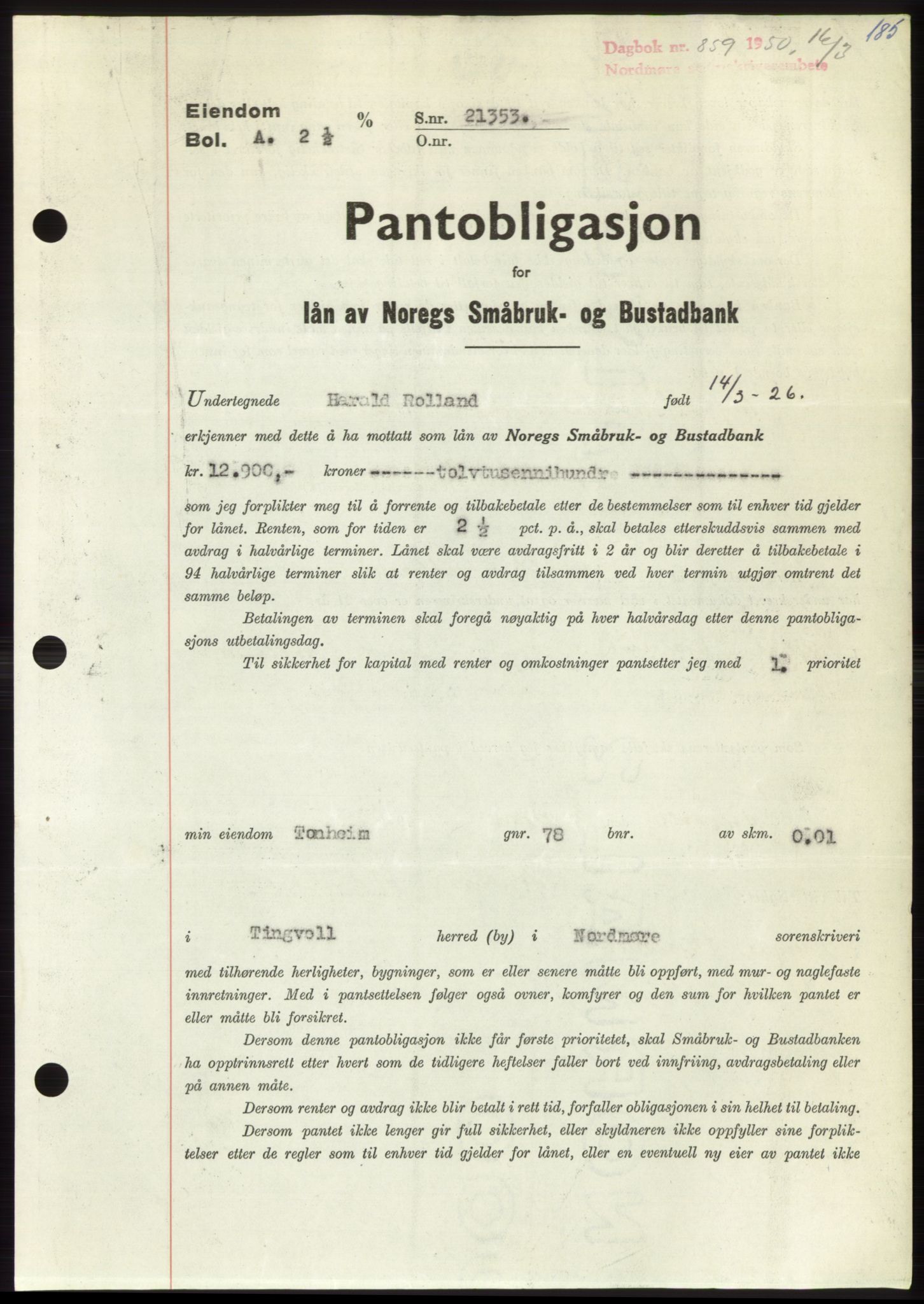 Nordmøre sorenskriveri, SAT/A-4132/1/2/2Ca: Pantebok nr. B104, 1950-1950, Dagboknr: 859/1950