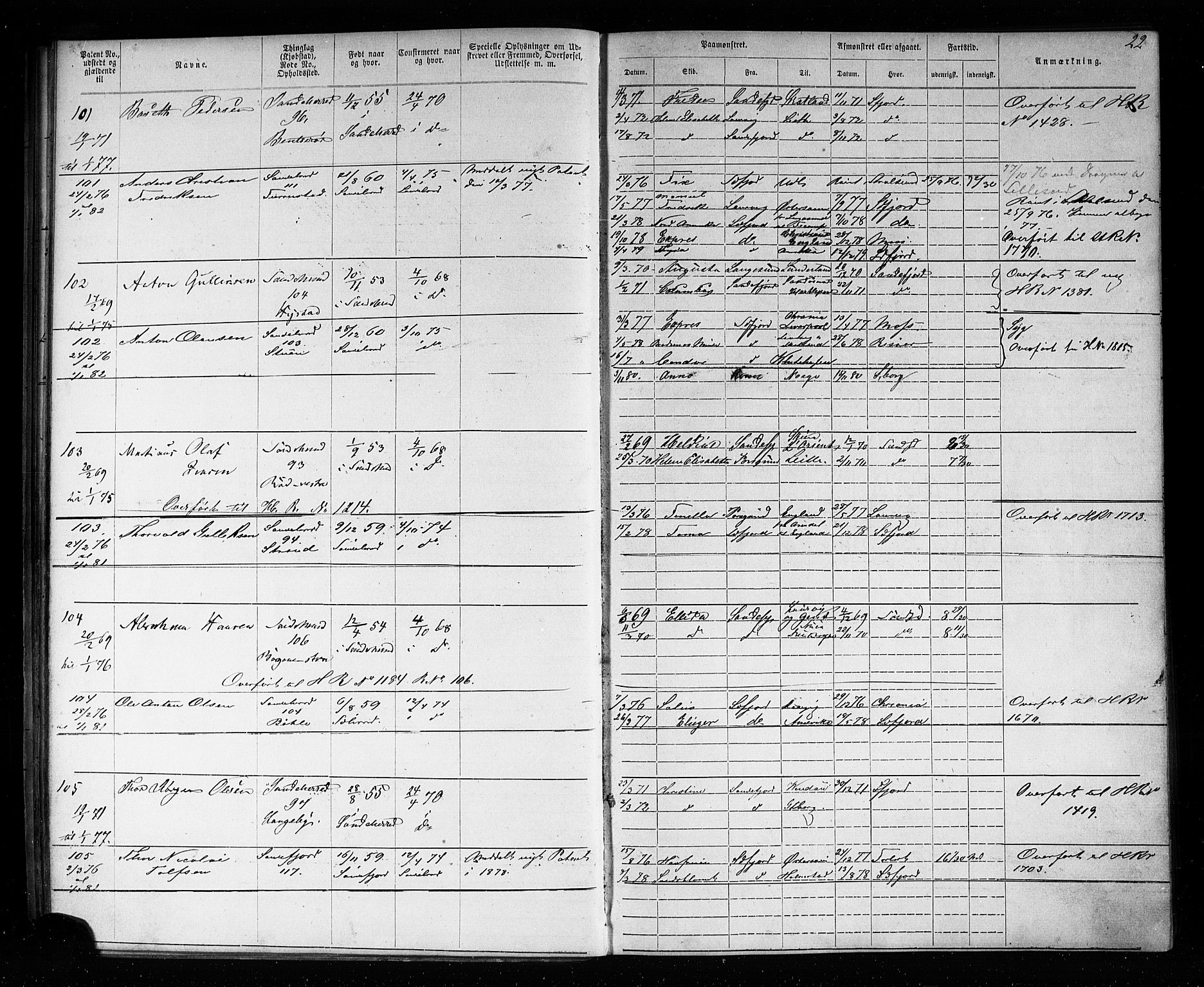 Sandefjord innrulleringskontor, AV/SAKO-A-788/F/Fa/L0003: Annotasjonsrulle, 1872-1879, s. 23