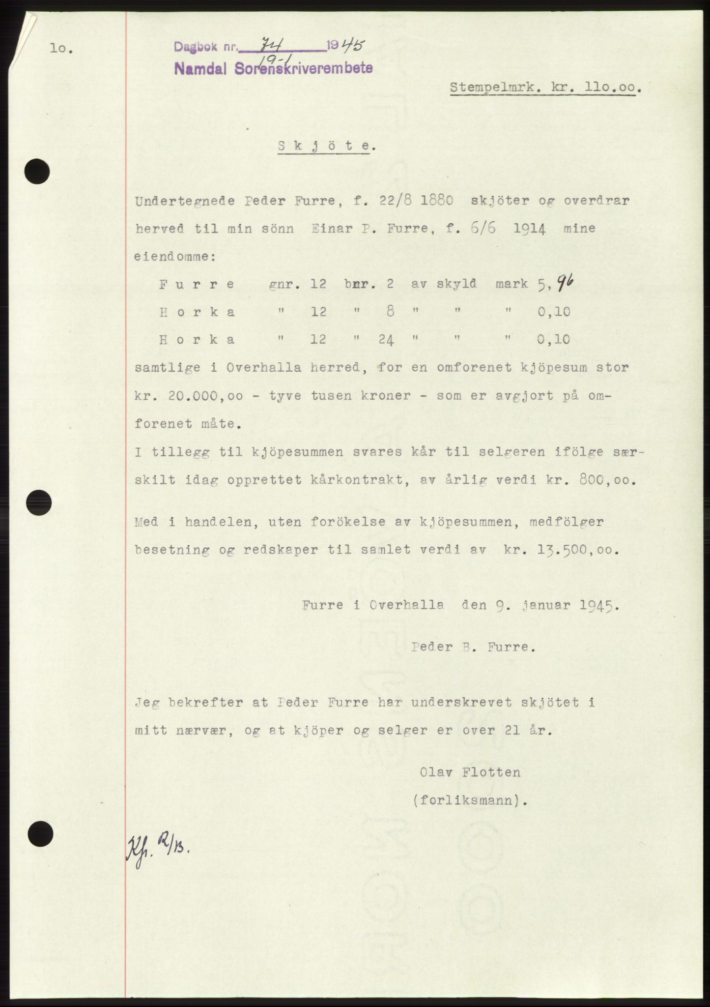 Namdal sorenskriveri, SAT/A-4133/1/2/2C: Pantebok nr. -, 1944-1945, Dagboknr: 74/1945