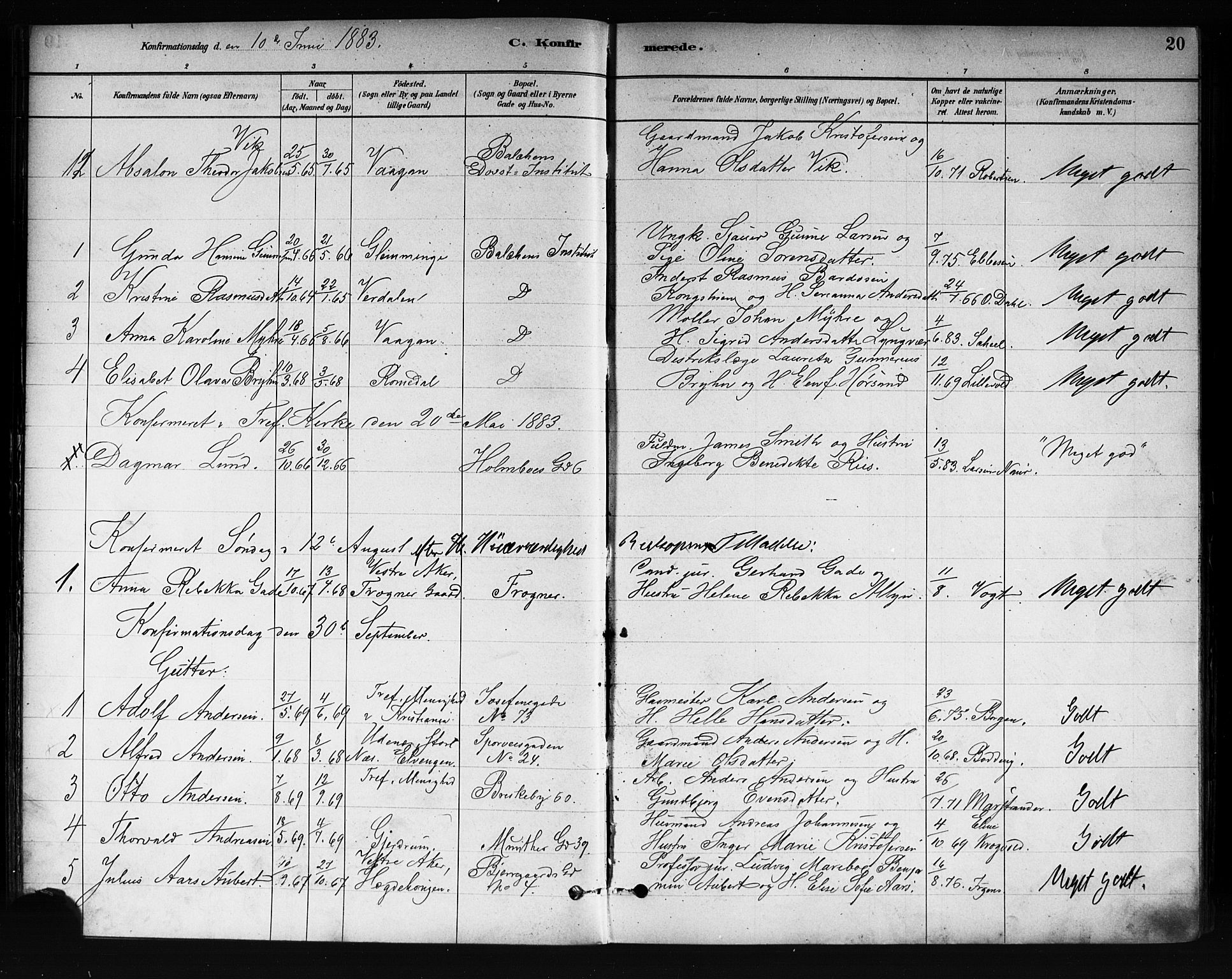 Uranienborg prestekontor Kirkebøker, AV/SAO-A-10877/F/Fa/L0002: Ministerialbok nr. 2, 1880-1896, s. 20