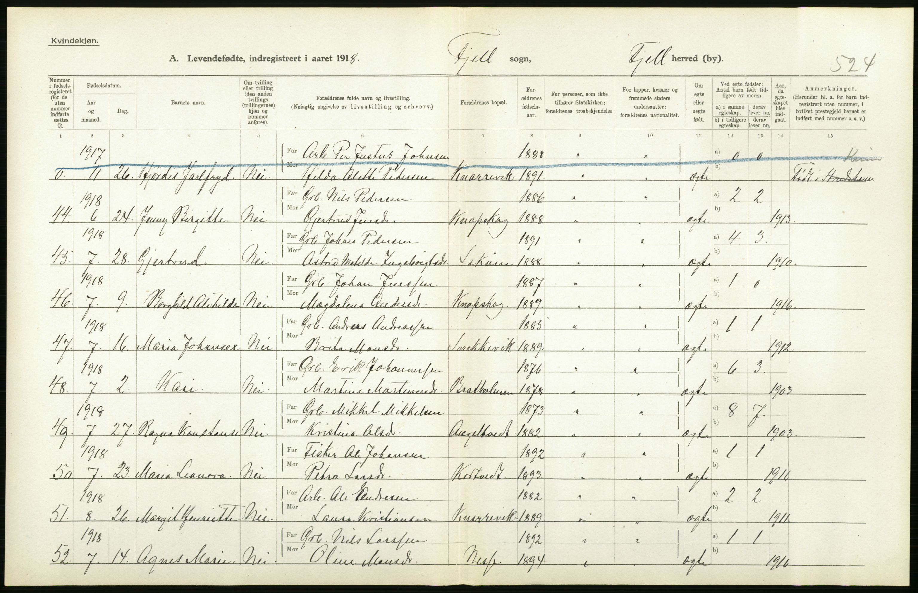 Statistisk sentralbyrå, Sosiodemografiske emner, Befolkning, RA/S-2228/D/Df/Dfb/Dfbh/L0034: Hordaland fylke: Levendefødte menn og kvinner. Bygder., 1918, s. 36