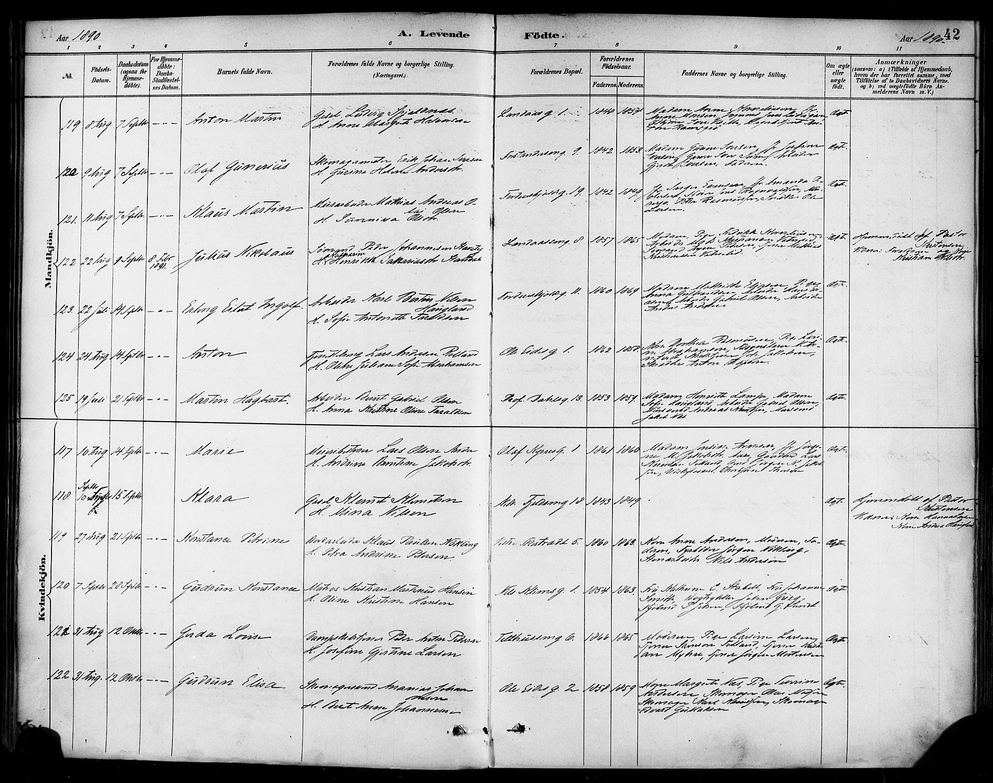 Korskirken sokneprestembete, AV/SAB-A-76101/H/Haa/L0022: Ministerialbok nr. B 8, 1889-1899, s. 42