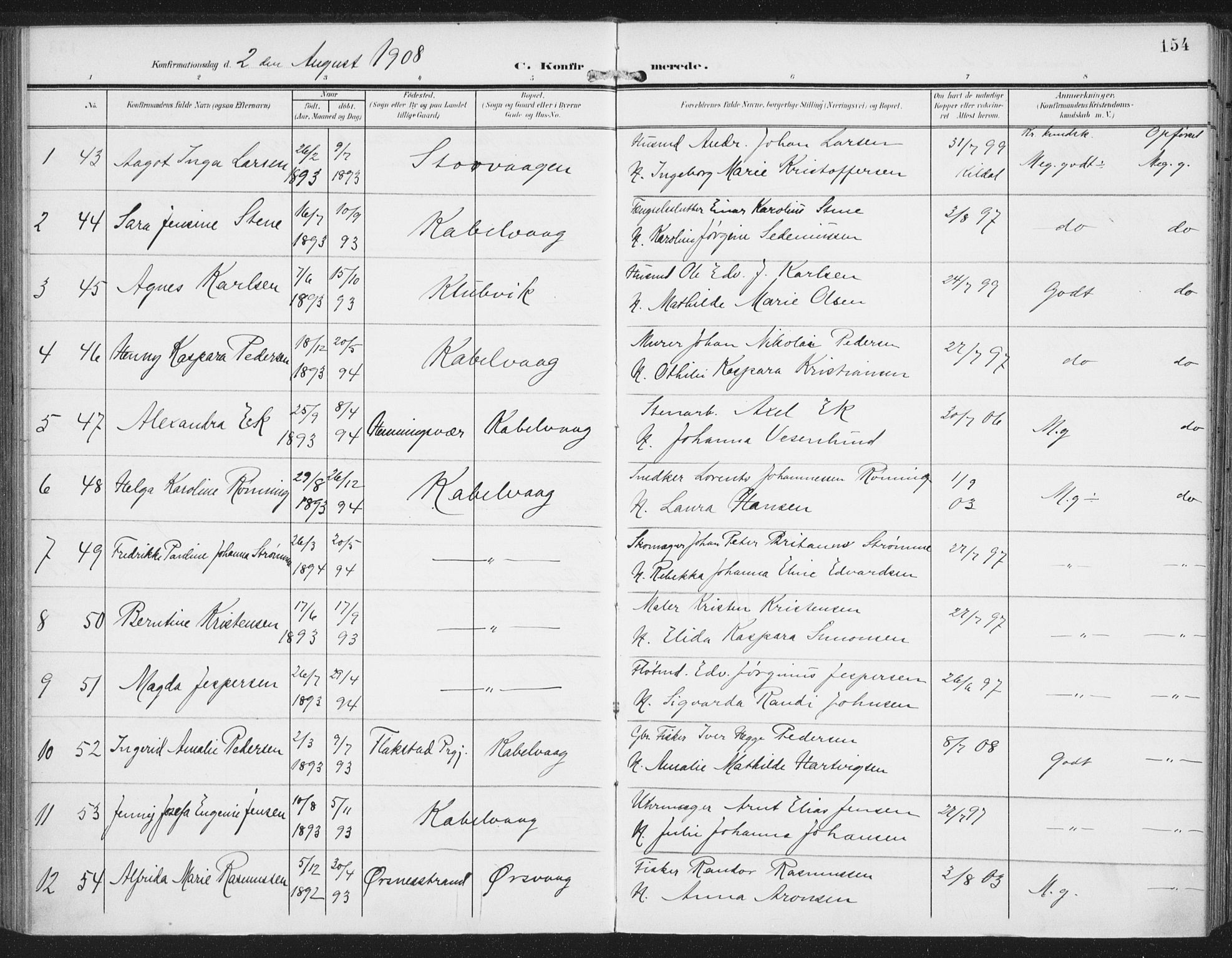 Ministerialprotokoller, klokkerbøker og fødselsregistre - Nordland, AV/SAT-A-1459/874/L1063: Ministerialbok nr. 874A07, 1907-1915, s. 154