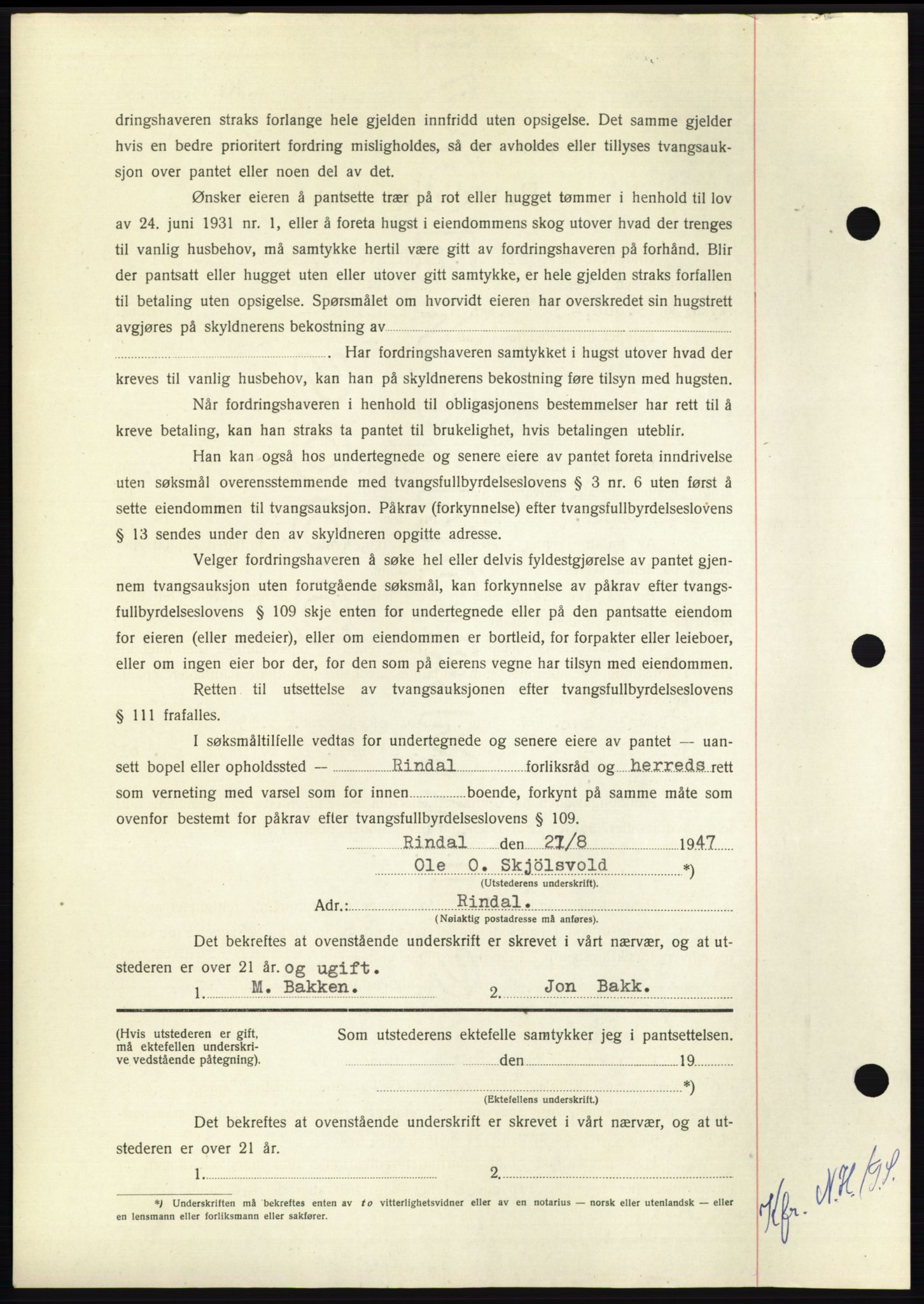 Nordmøre sorenskriveri, AV/SAT-A-4132/1/2/2Ca: Pantebok nr. B96, 1947-1947, Dagboknr: 2015/1947