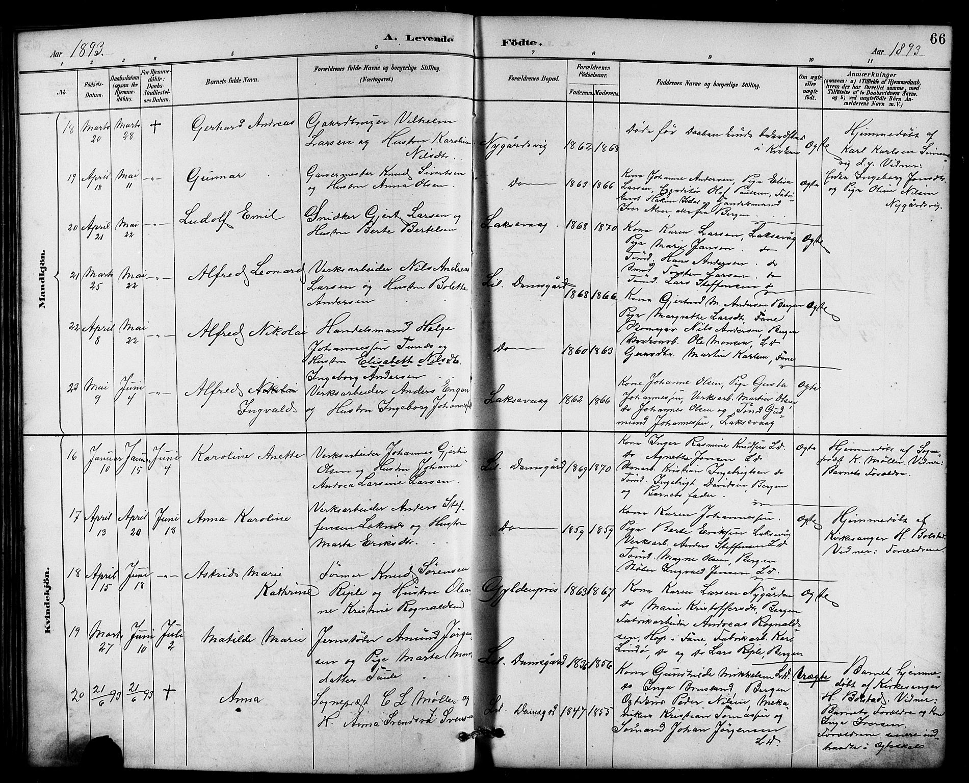 Laksevåg Sokneprestembete, AV/SAB-A-76501/H/Ha/Hab/Haba/L0003: Klokkerbok nr. A 3, 1887-1899, s. 66