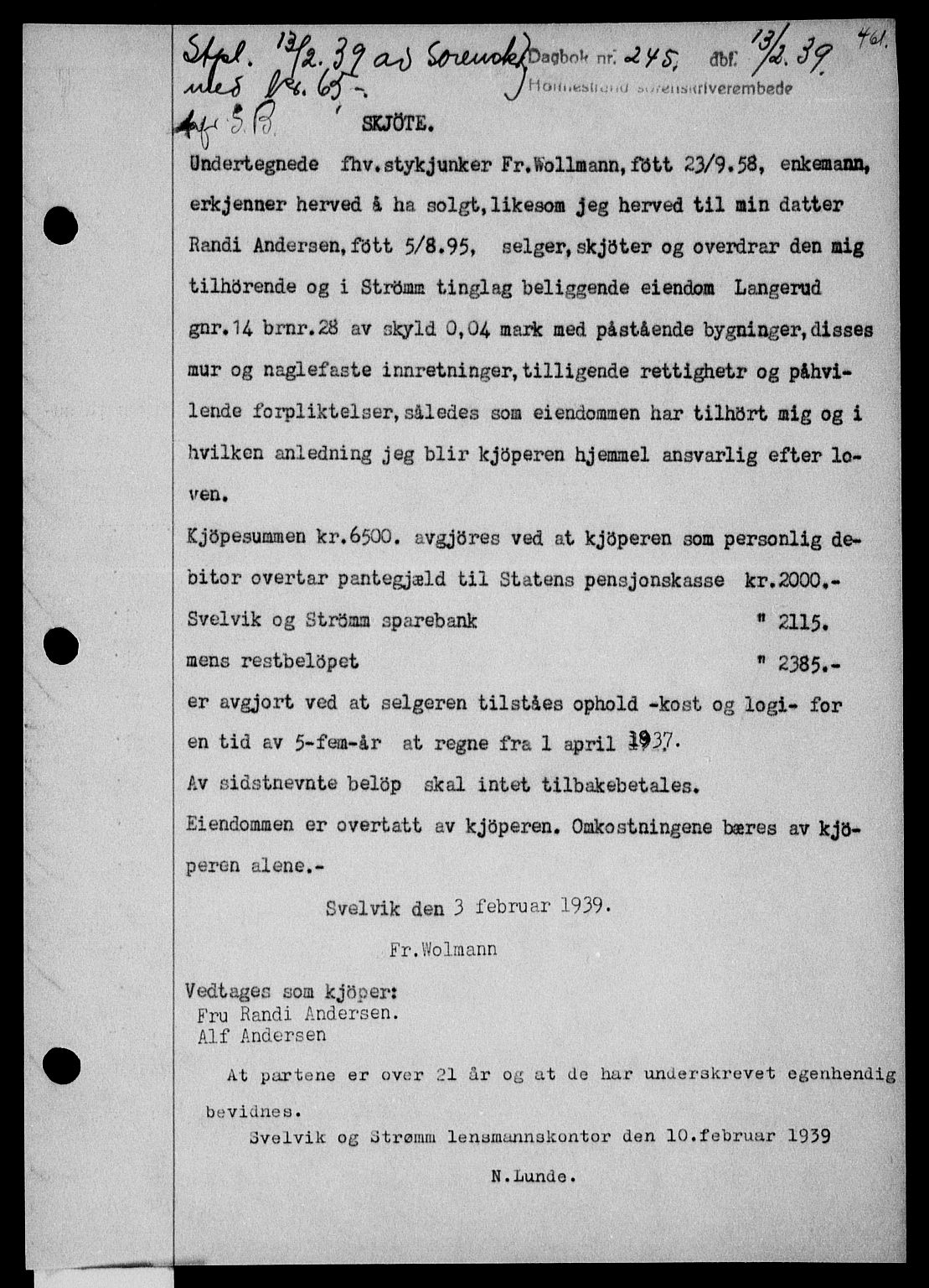 Holmestrand sorenskriveri, SAKO/A-67/G/Ga/Gaa/L0050: Pantebok nr. A-50, 1938-1939, Dagboknr: 245/1939