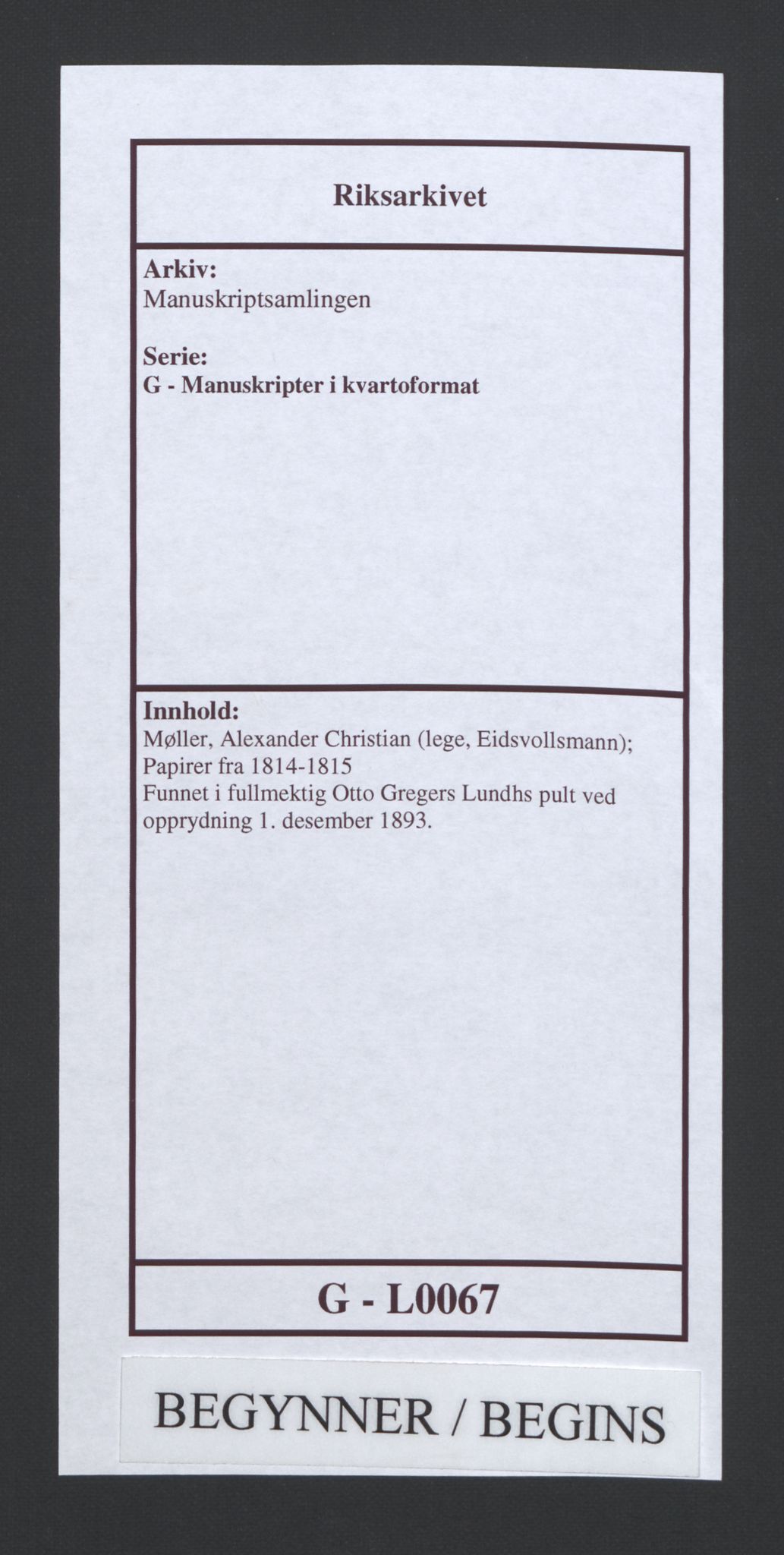 Manuskriptsamlingen, RA/EA-3667/G/L0067: Møller, Alexander Christian (lege, Eidsvollsmann); Papirer fra 1814-1815, 1814-1815, s. 1