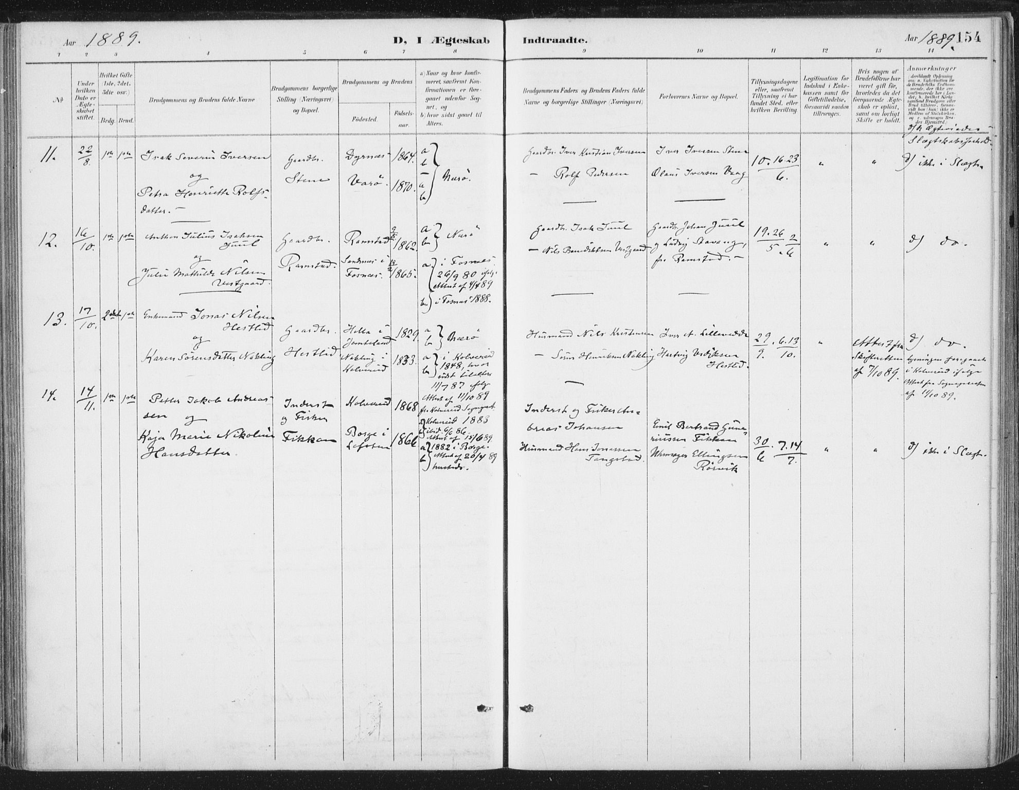 Ministerialprotokoller, klokkerbøker og fødselsregistre - Nord-Trøndelag, SAT/A-1458/784/L0673: Ministerialbok nr. 784A08, 1888-1899, s. 154