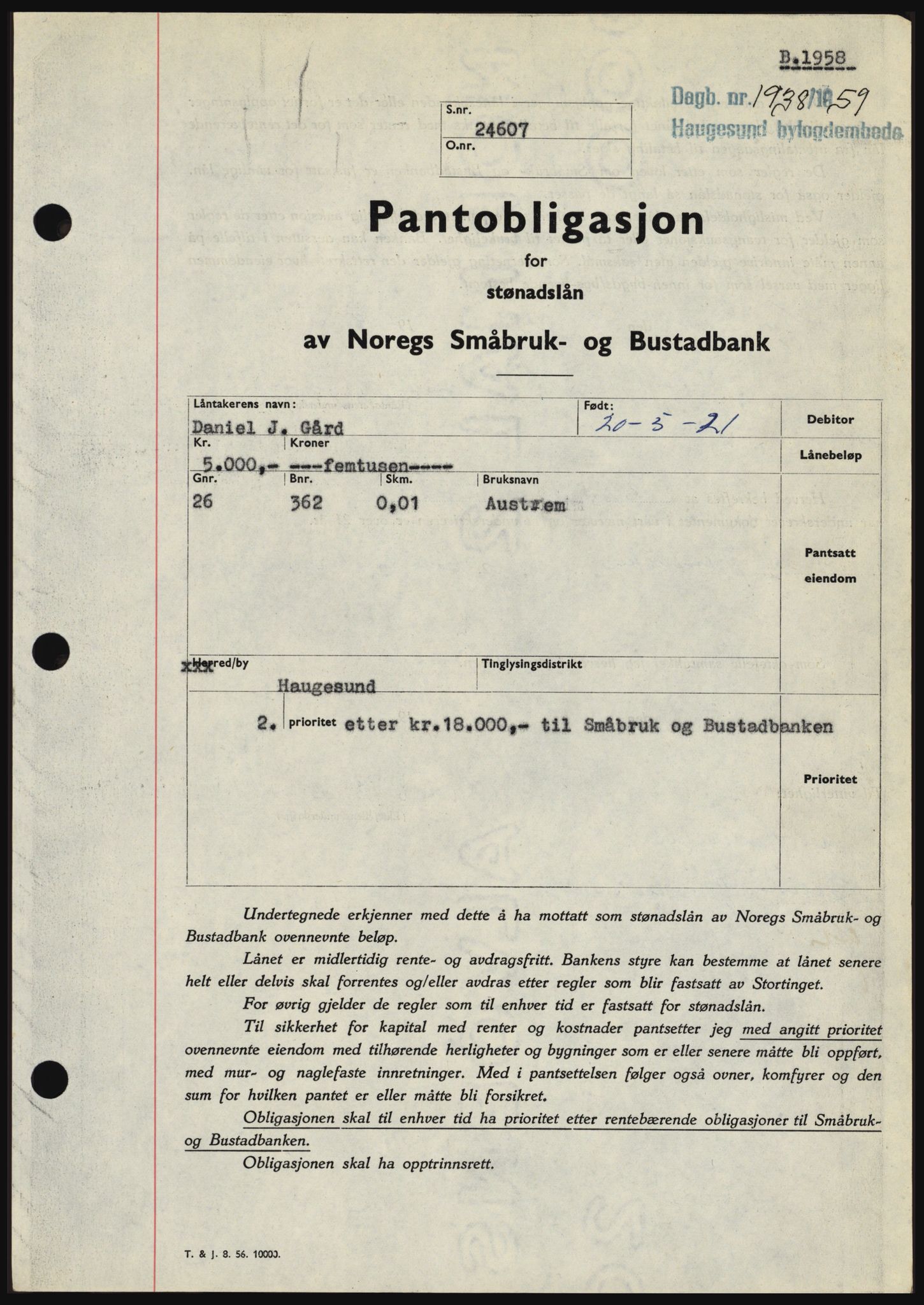 Haugesund tingrett, SAST/A-101415/01/II/IIC/L0045: Pantebok nr. B 45, 1959-1959, Dagboknr: 1938/1959