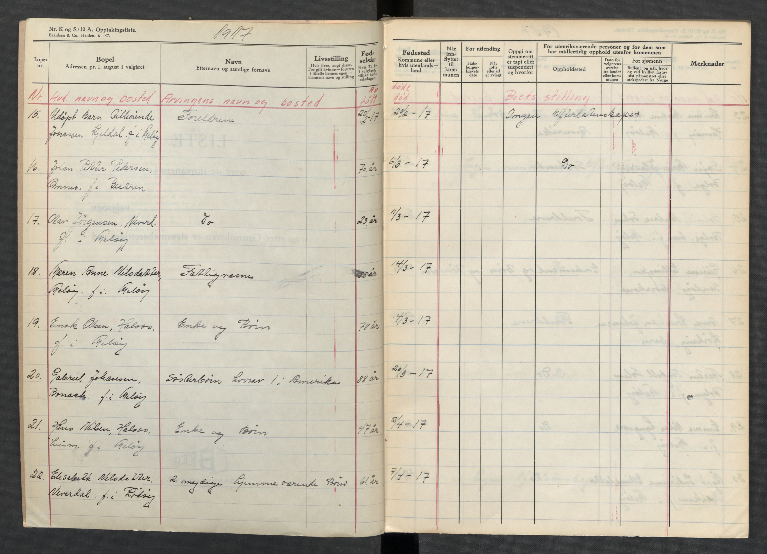 Meløy lensmannskontor, AV/SAT-A-5701/1/02/L0002: 2.01.02 - Dødsfallsprotokoll, 1917-1919