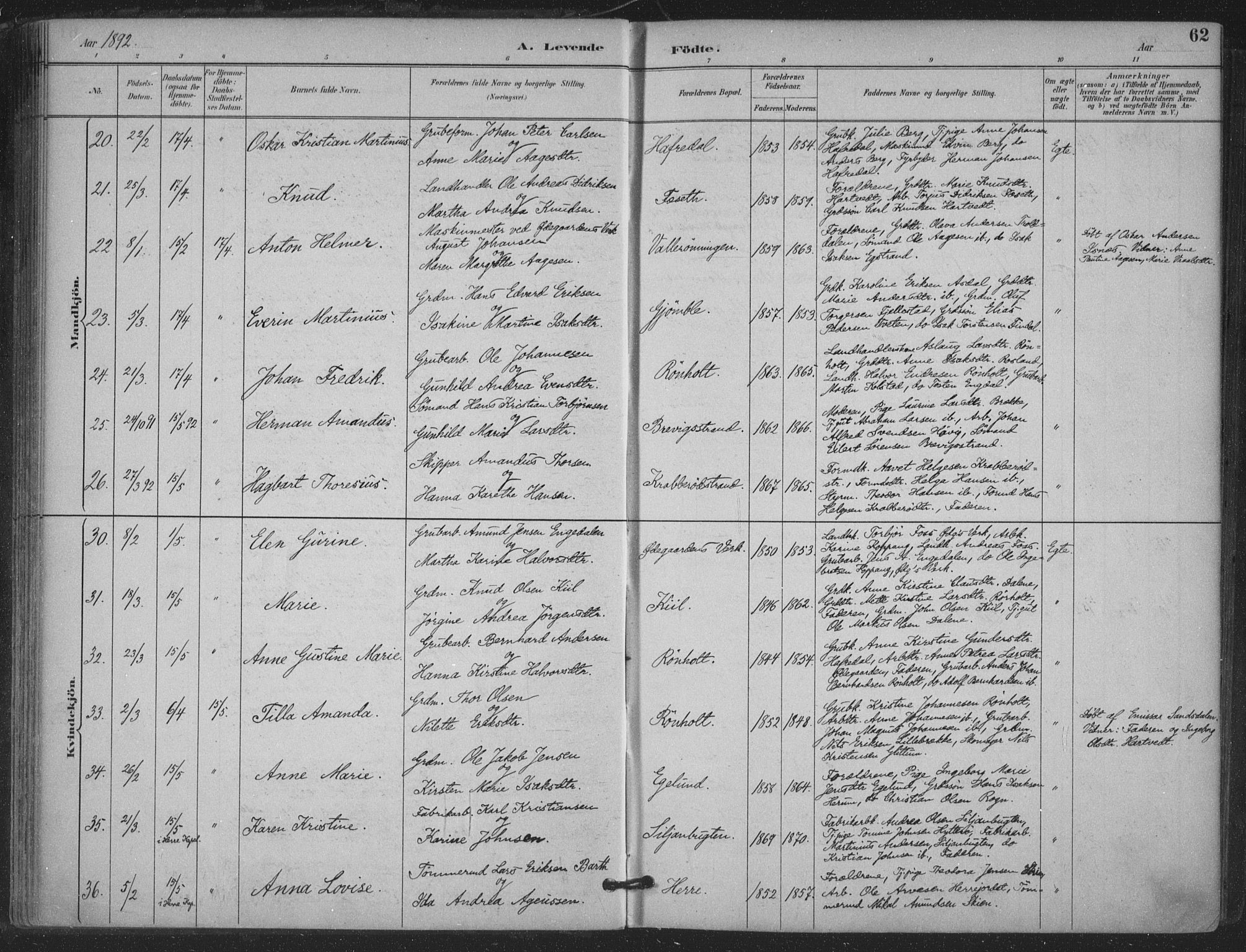 Bamble kirkebøker, AV/SAKO-A-253/F/Fa/L0008: Ministerialbok nr. I 8, 1888-1900, s. 62