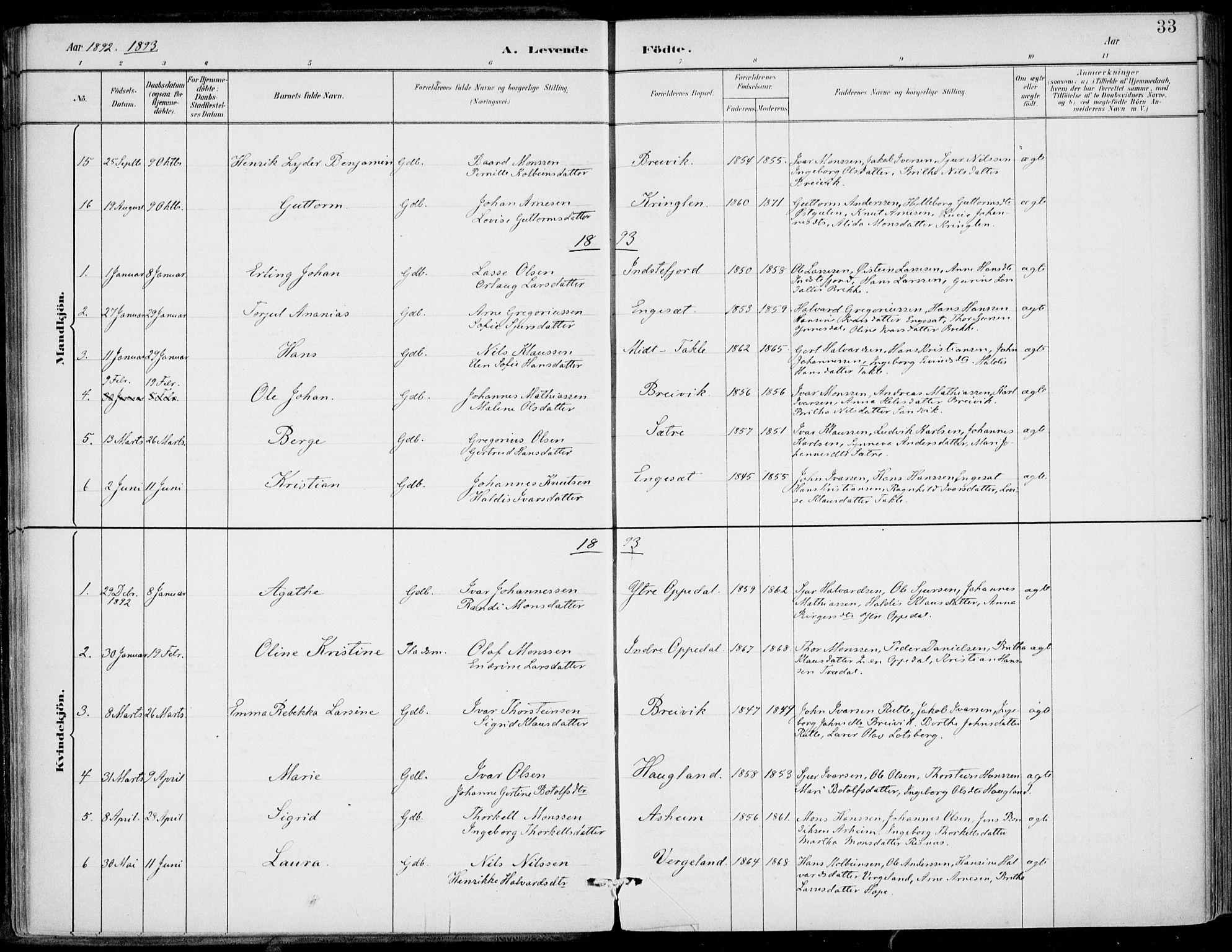 Gulen sokneprestembete, AV/SAB-A-80201/H/Haa/Haac/L0002: Ministerialbok nr. C  2, 1882-1914, s. 33