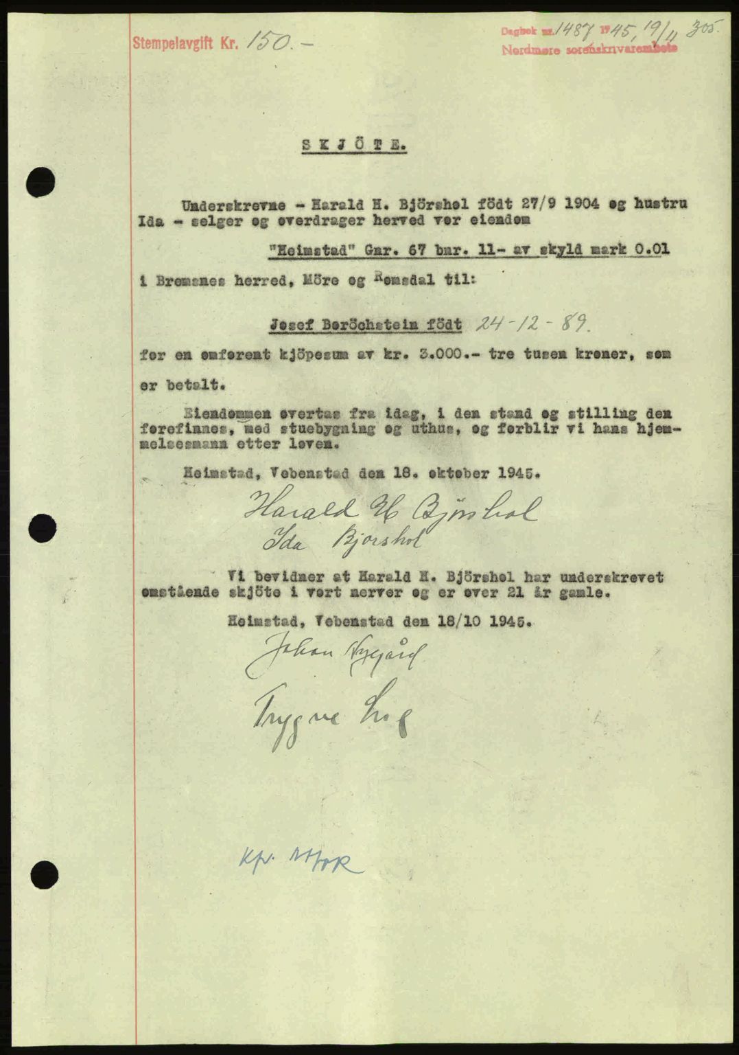 Nordmøre sorenskriveri, AV/SAT-A-4132/1/2/2Ca: Pantebok nr. A100a, 1945-1945, Dagboknr: 1487/1945