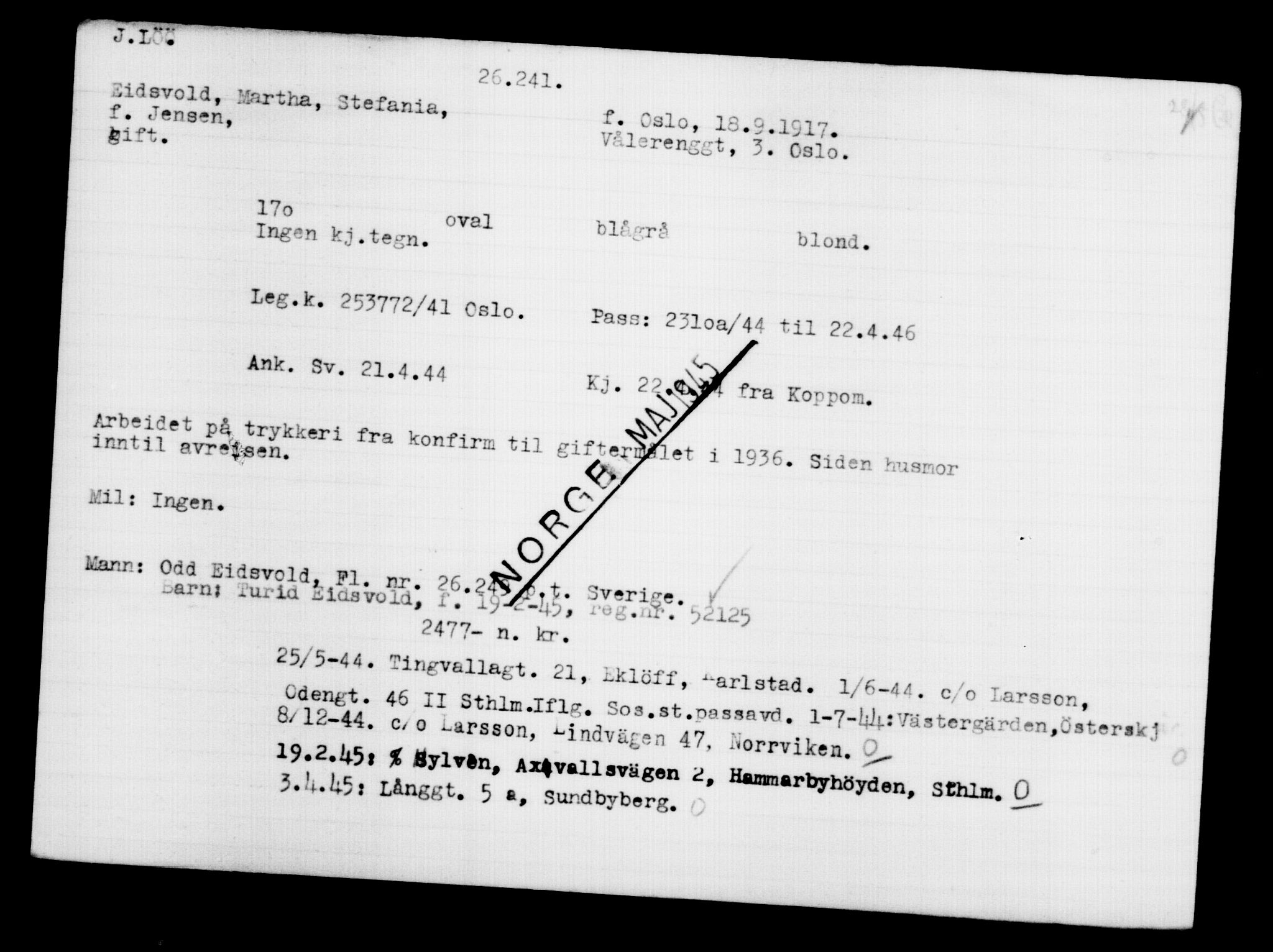 Utenriksstasjonene, Legasjonen i Stockholm, Flyktningkontoret, AV/RA-S-6753/V/Va/L0011: Kjesäterkartoteket, flyktning nr. 25300-28349, 1940-1945, s. 992