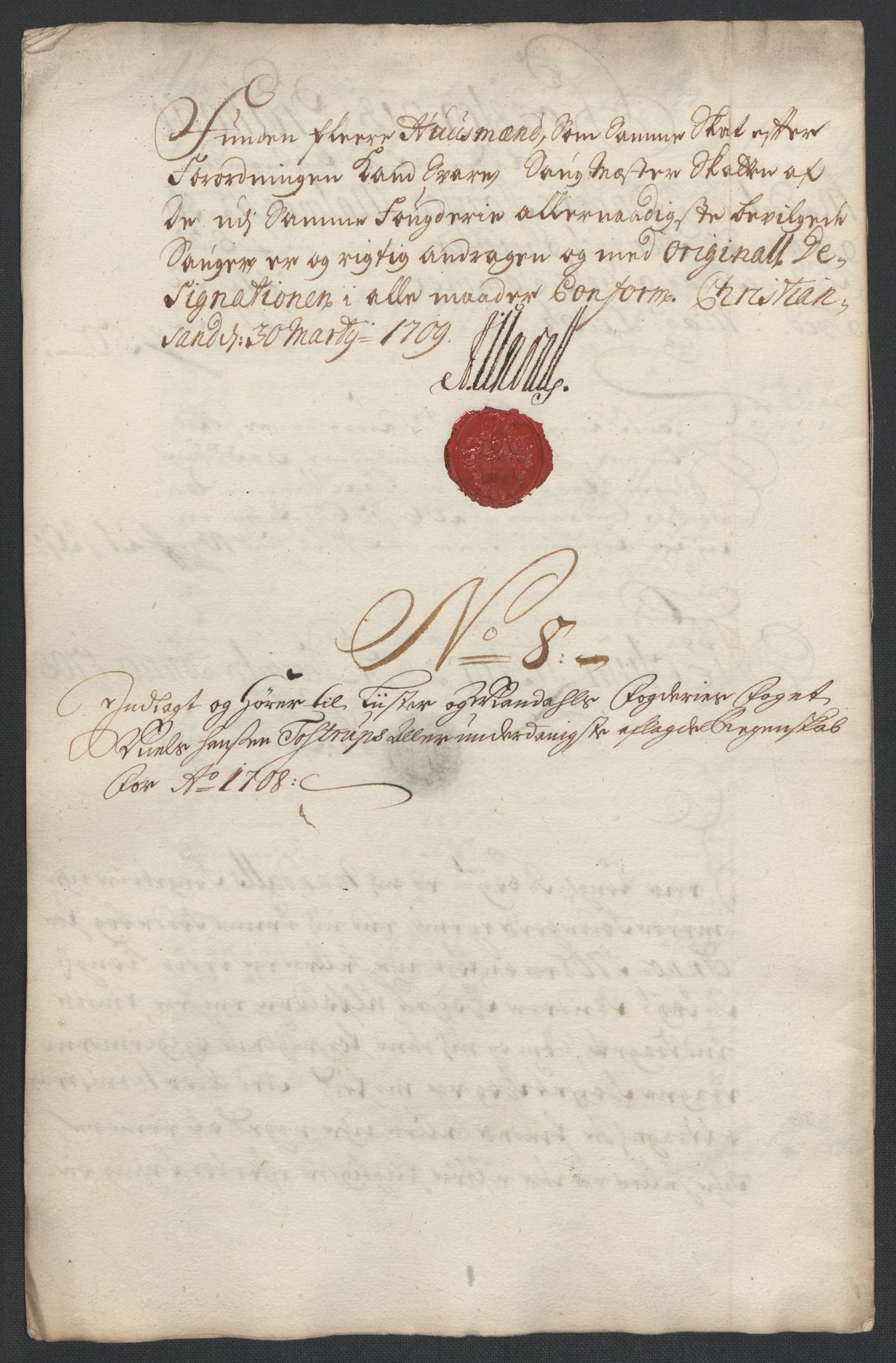 Rentekammeret inntil 1814, Reviderte regnskaper, Fogderegnskap, AV/RA-EA-4092/R43/L2552: Fogderegnskap Lista og Mandal, 1705-1709, s. 77