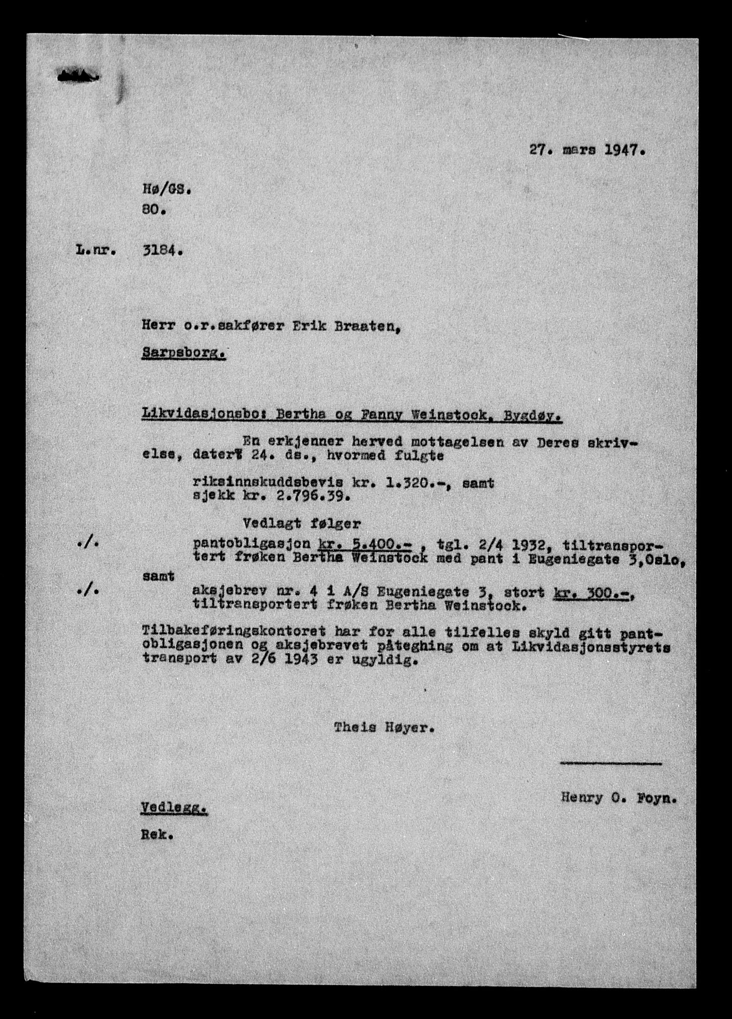 Justisdepartementet, Tilbakeføringskontoret for inndratte formuer, AV/RA-S-1564/H/Hc/Hcc/L0986: --, 1945-1947, s. 27