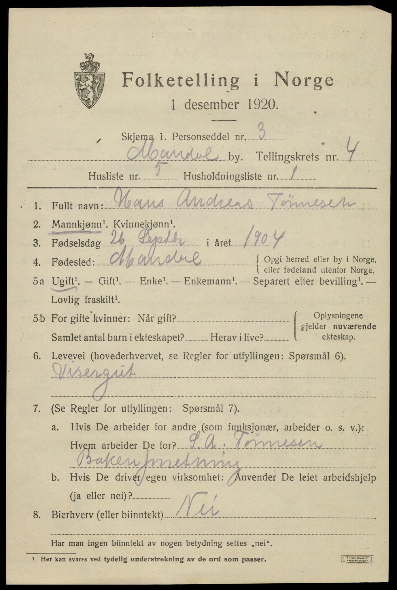 SAK, Folketelling 1920 for 1002 Mandal ladested, 1920, s. 7073